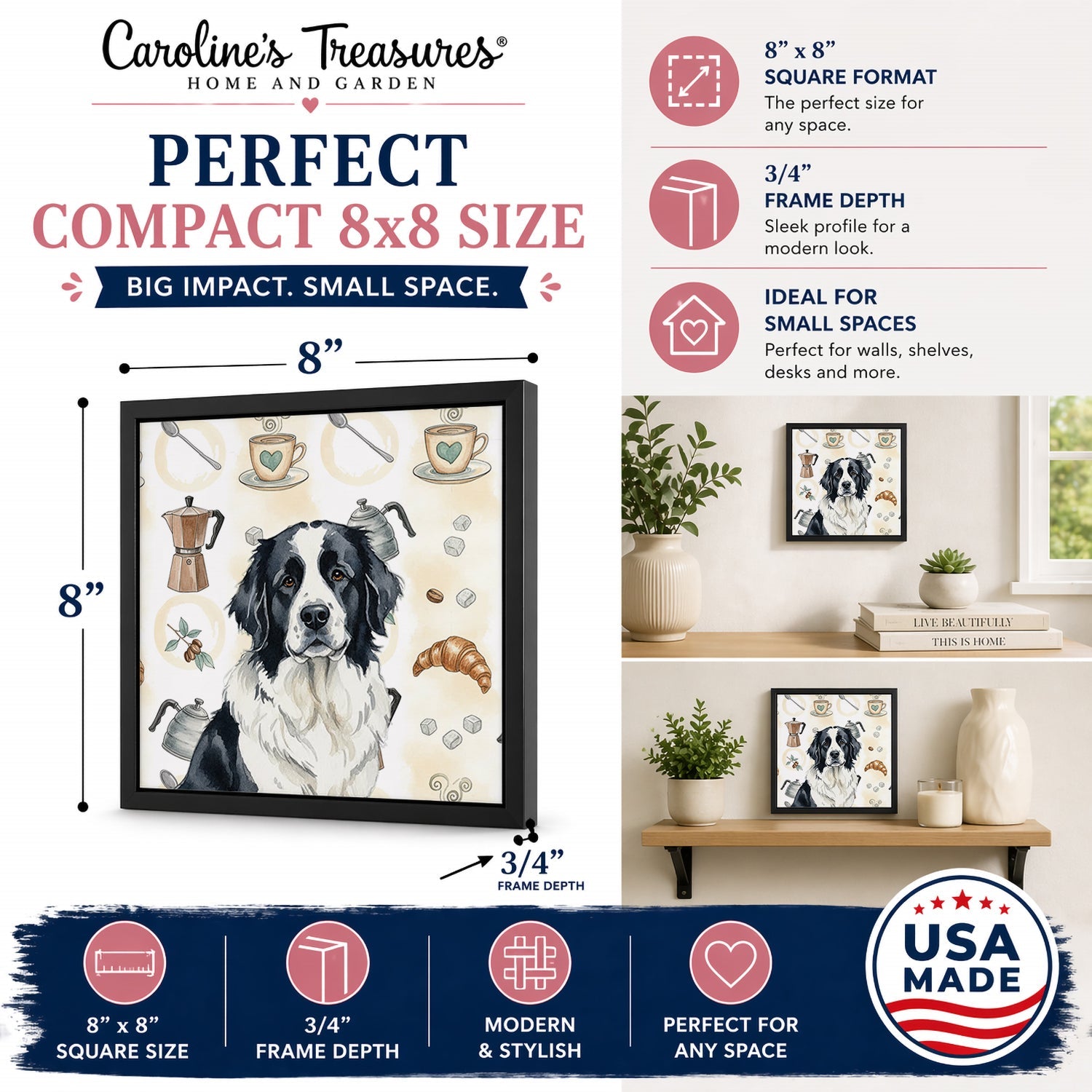 Landseer Newfoundland Coffee Bar Framed Metal Print Bathroom, Kitchen, Office, Home Decor Wall Art Ready to Hang, Square, 8X8