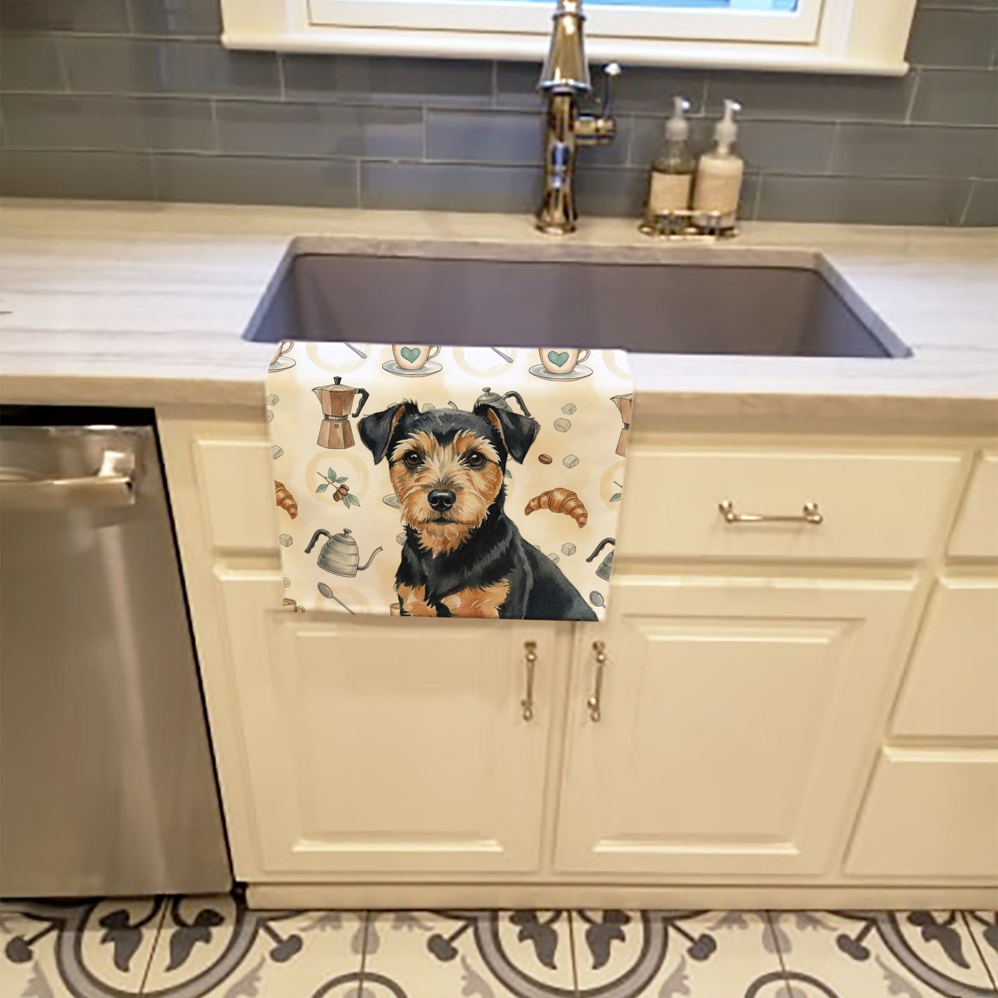 Black and Tan Norfolk Terrier Coffee Bar Kitchen Towel Velour Plush Front and Cotton Loop Back Machine Washable