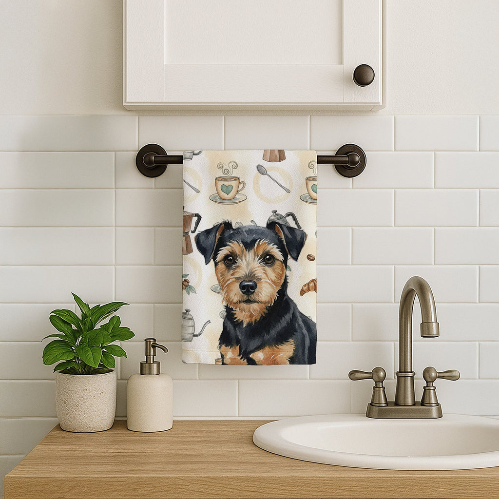 Black and Tan Norfolk Terrier Coffee Bar Kitchen Towel Velour Plush Front and Cotton Loop Back Machine Washable
