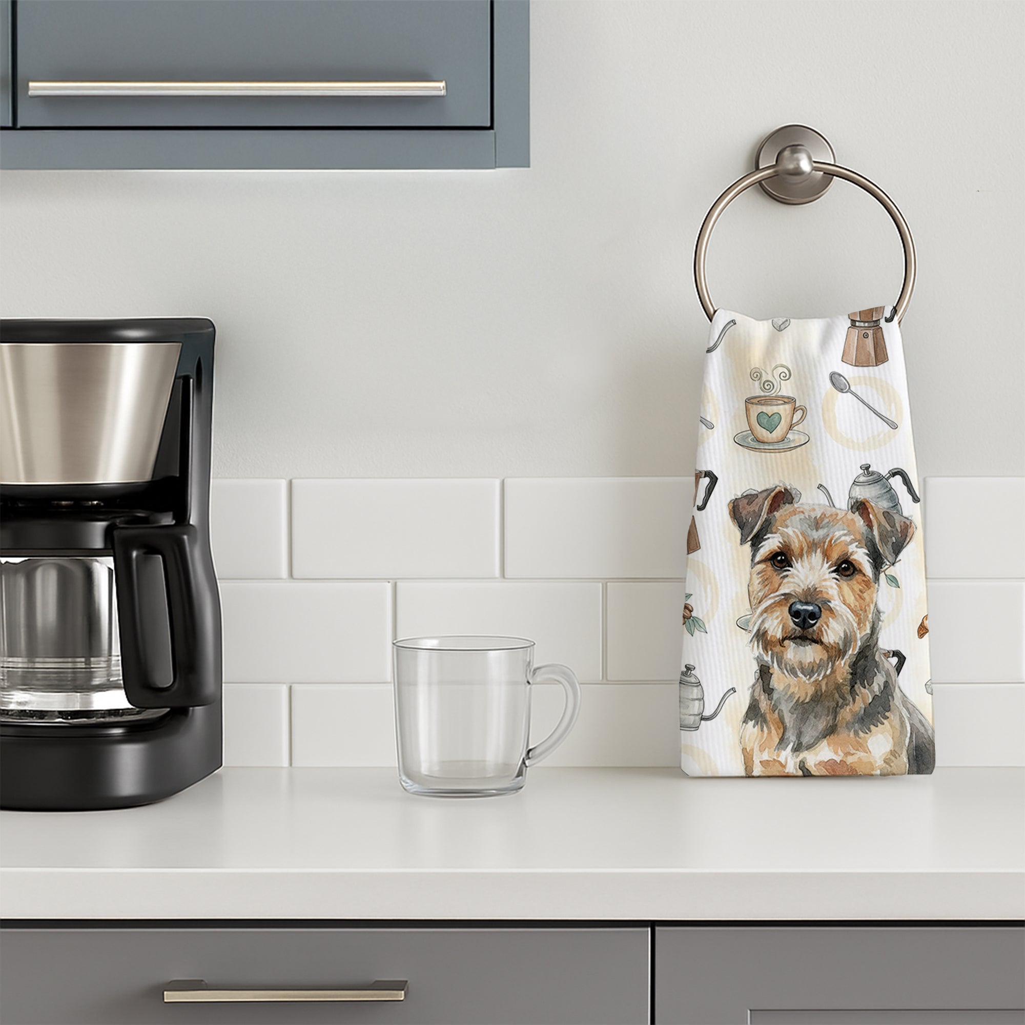 Grizzle and Tan Norfolk Terrier Coffee Bar Kitchen Towel Velour Plush Front and Cotton Loop Back Machine Washable