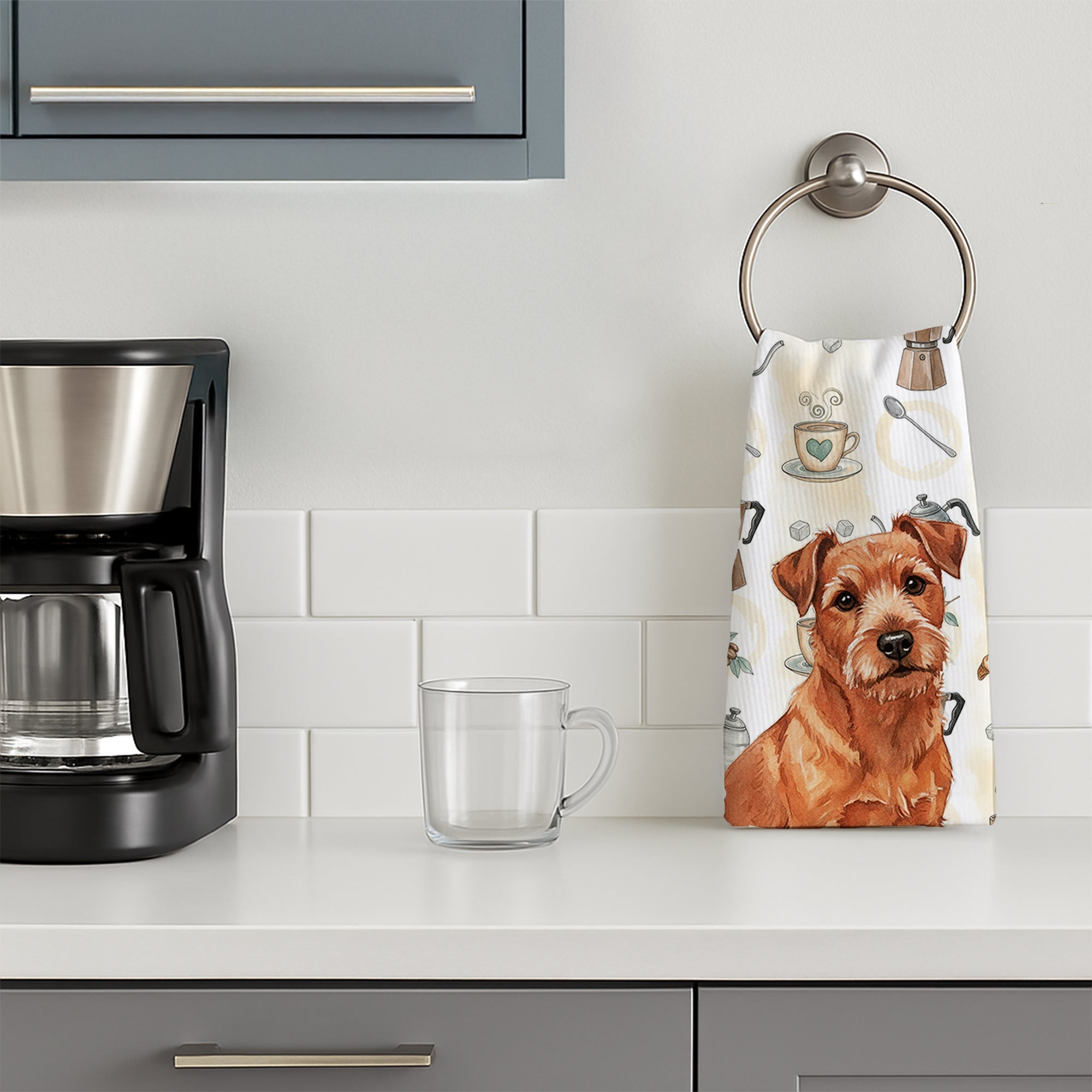 Red Norfolk Terrier Coffee Bar Kitchen Towel Velour Plush Front and Cotton Loop Back Machine Washable