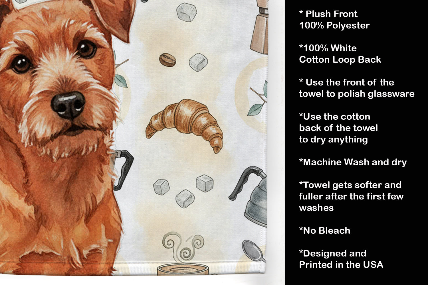 Red Norfolk Terrier Coffee Bar Kitchen Towel Velour Plush Front and Cotton Loop Back Machine Washable