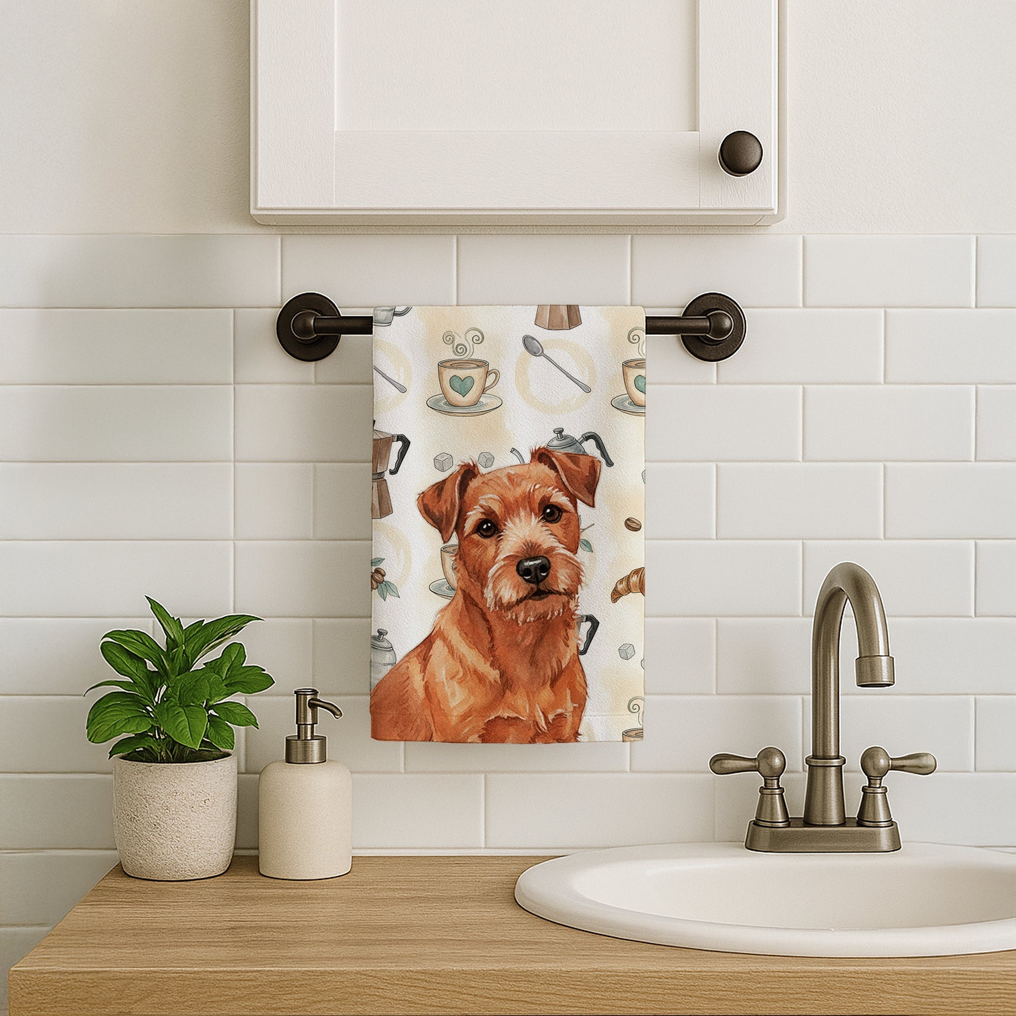 Red Norfolk Terrier Coffee Bar Kitchen Towel Velour Plush Front and Cotton Loop Back Machine Washable