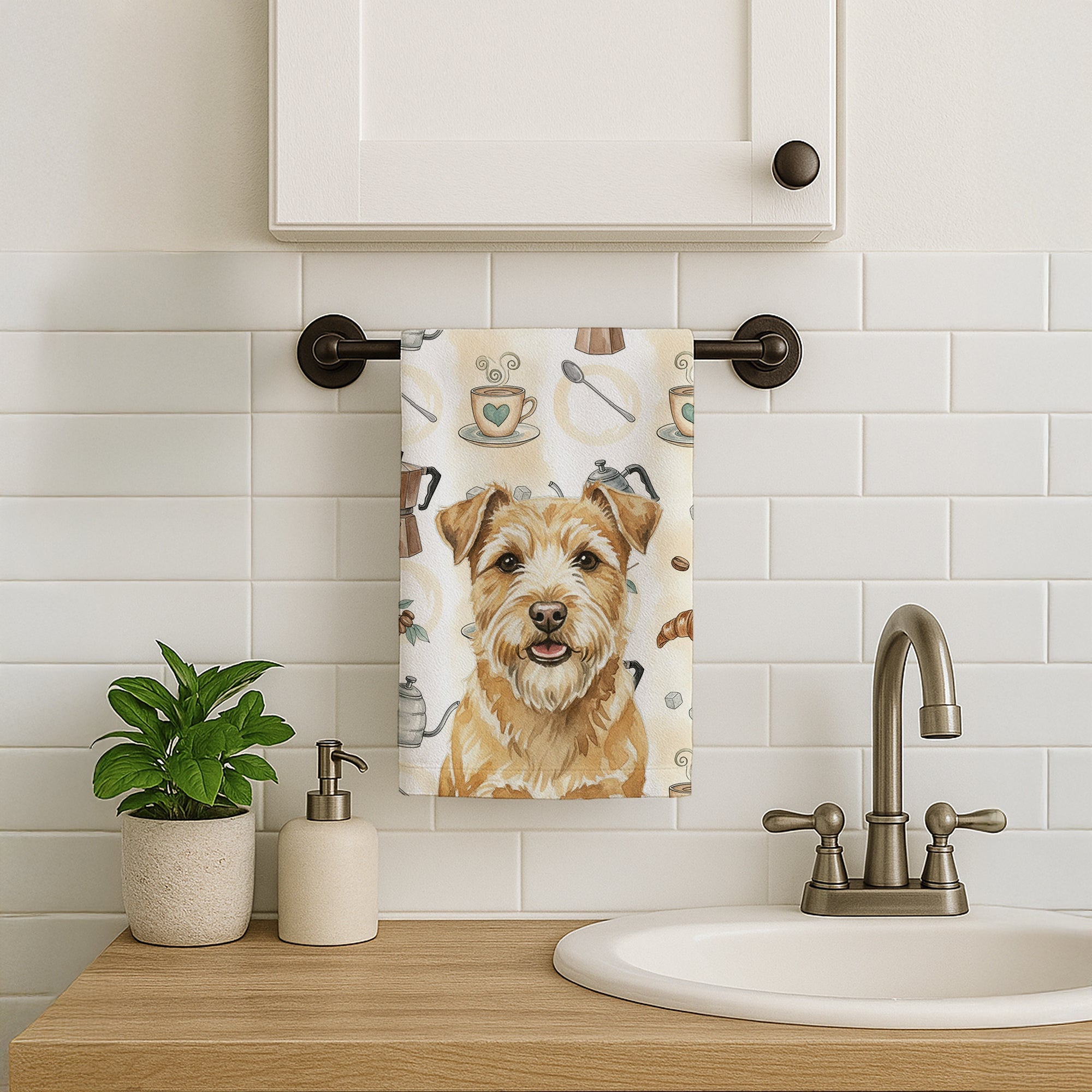 Wheaten Norfolk Terrier Coffee Bar Kitchen Towel Velour Plush Front and Cotton Loop Back Machine Washable