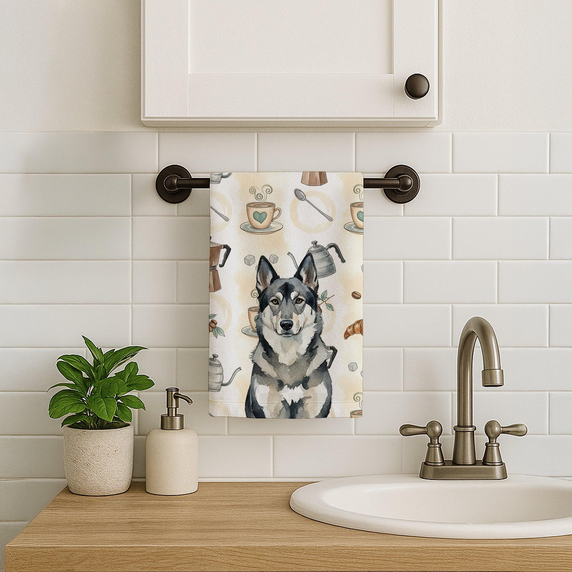 Norwegian Elkhound Coffee Bar Kitchen Towel Velour Plush Front and Cotton Loop Back Machine Washable