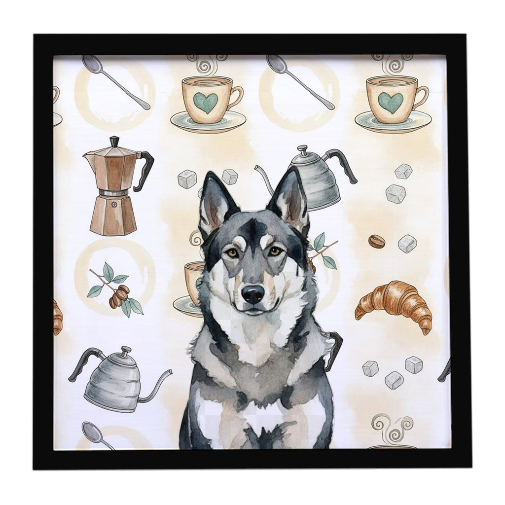 Norwegian Elkhound Coffee Bar Framed Metal Print Bathroom, Kitchen, Office, Home Decor Wall Art Ready to Hang, Square, 8X8