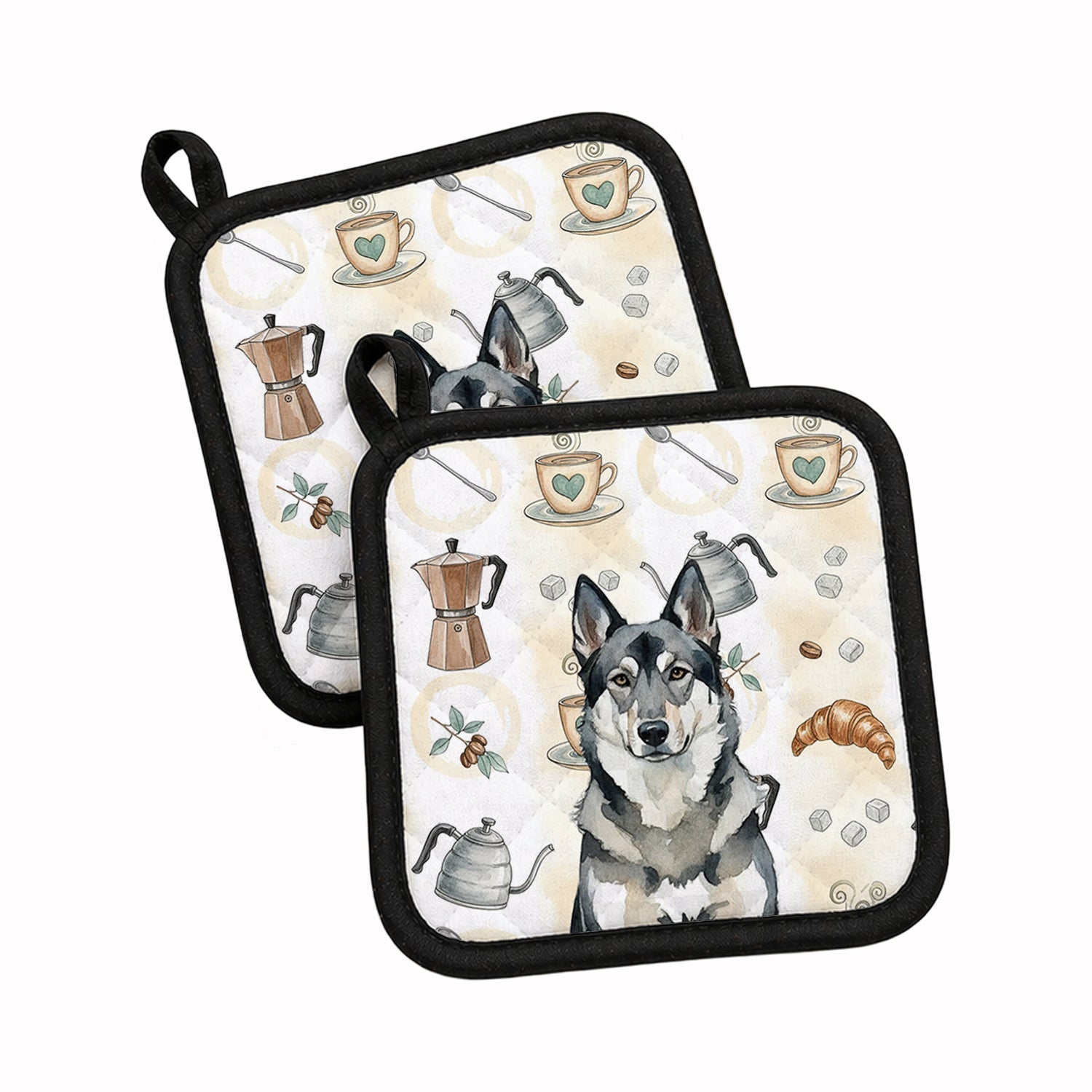 Norwegian Elkhound Coffee Bar Pot Holder Set of 2 Heat Resistant Quilted Hot Pads 7.5 x 7.5 Inch, Insulated Kitchen Trivets for Cooking & Baking