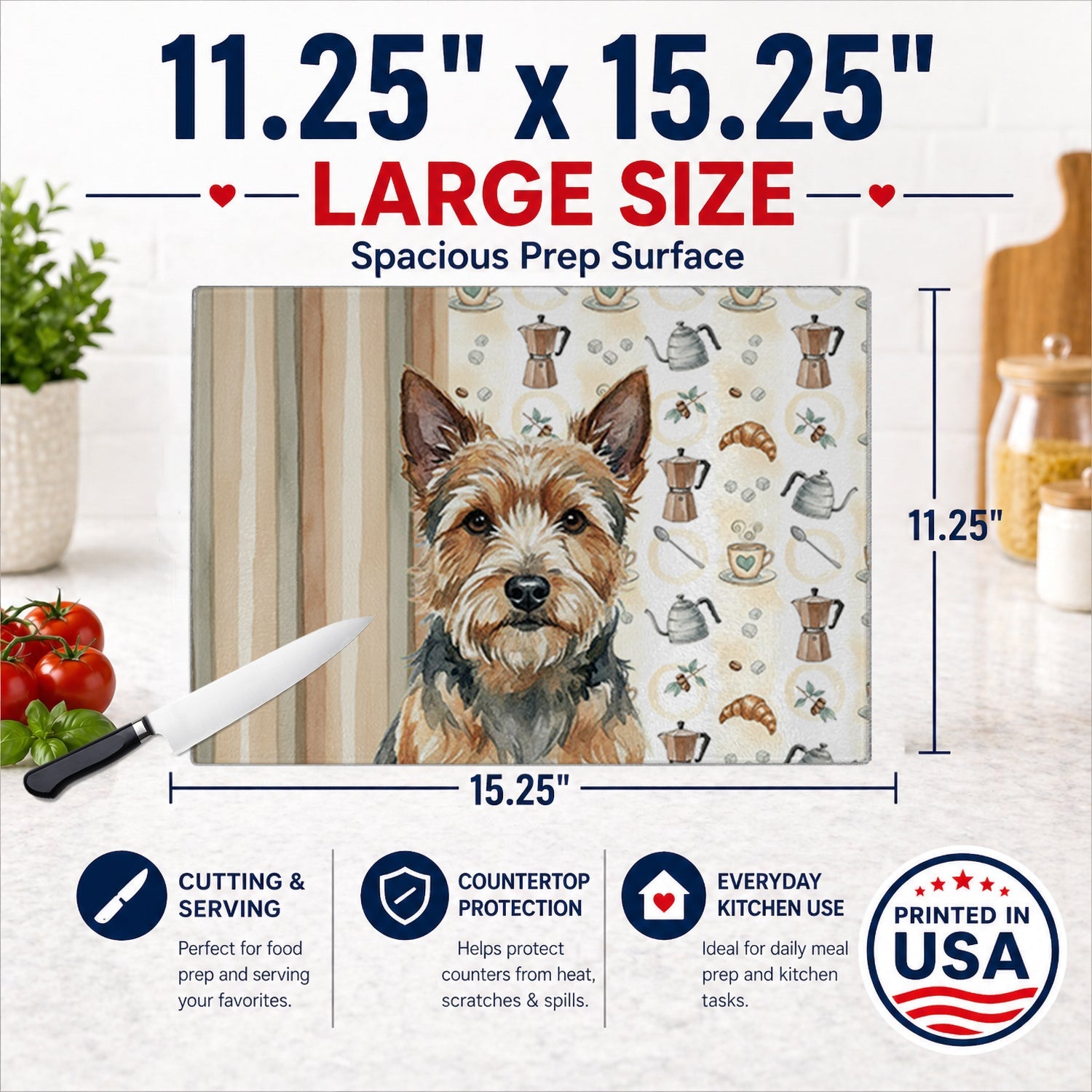 Norwich Terrier Coffee Bar Cutting Board Tempered Glass Kitchen Cutting Surface, Heat Resistant Chopping, Non-Slip Feet, Food Prep & Serving