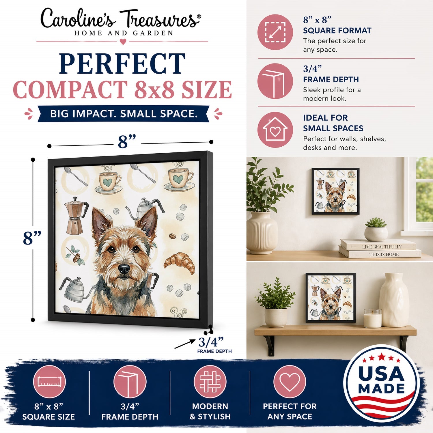 Norwich Terrier Coffee Bar Framed Metal Print Bathroom, Kitchen, Office, Home Decor Wall Art Ready to Hang, Square, 8X8