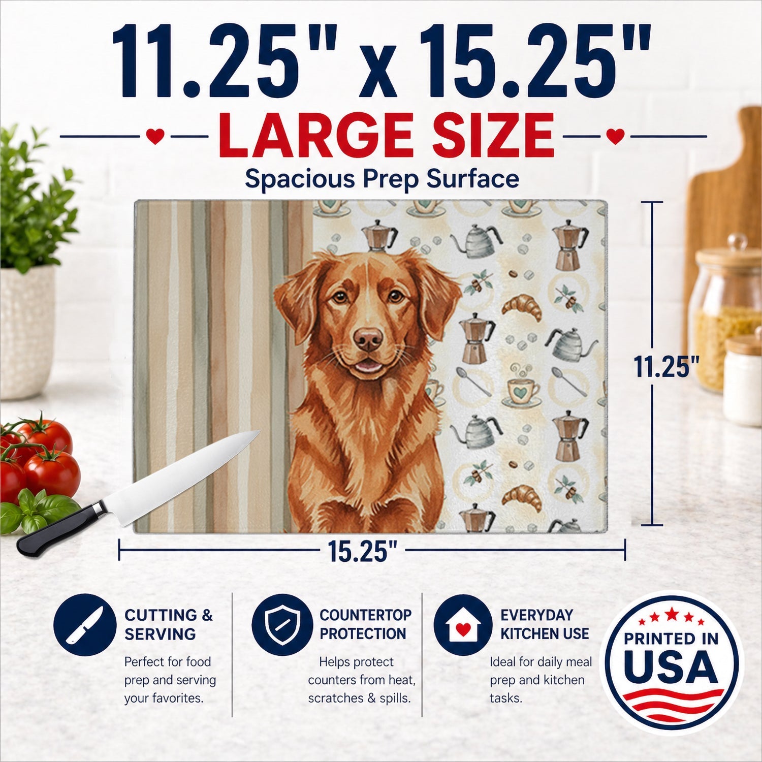 Copper Nova Scotia Duck Tolling Retriever Coffee Bar Cutting Board Tempered Glass Kitchen Cutting Surface, Heat Resistant Chopping, Non-Slip Feet, Food Prep & Serving