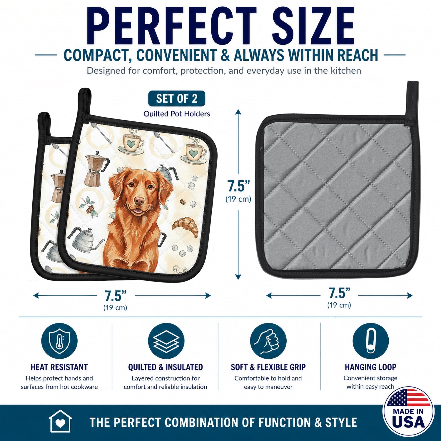 Copper Nova Scotia Duck Tolling Retriever Coffee Bar Pot Holder Set of 2 Heat Resistant Quilted Hot Pads 7.5 x 7.5 Inch, Insulated Kitchen Trivets for Cooking & Baking