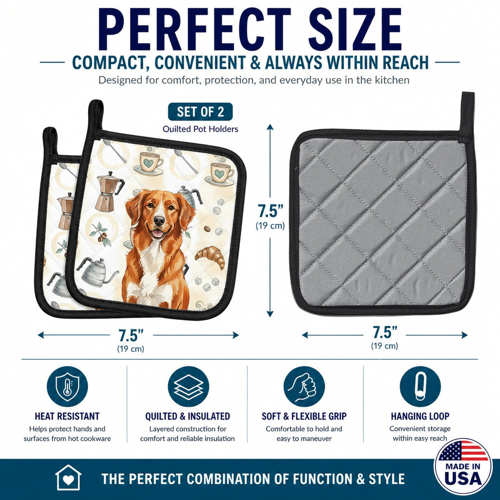 Orange Nova Scotia Duck Tolling Retriever Coffee Bar Pot Holder Set of 2 Heat Resistant Quilted Hot Pads 7.5 x 7.5 Inch, Insulated Kitchen Trivets for Cooking & Baking
