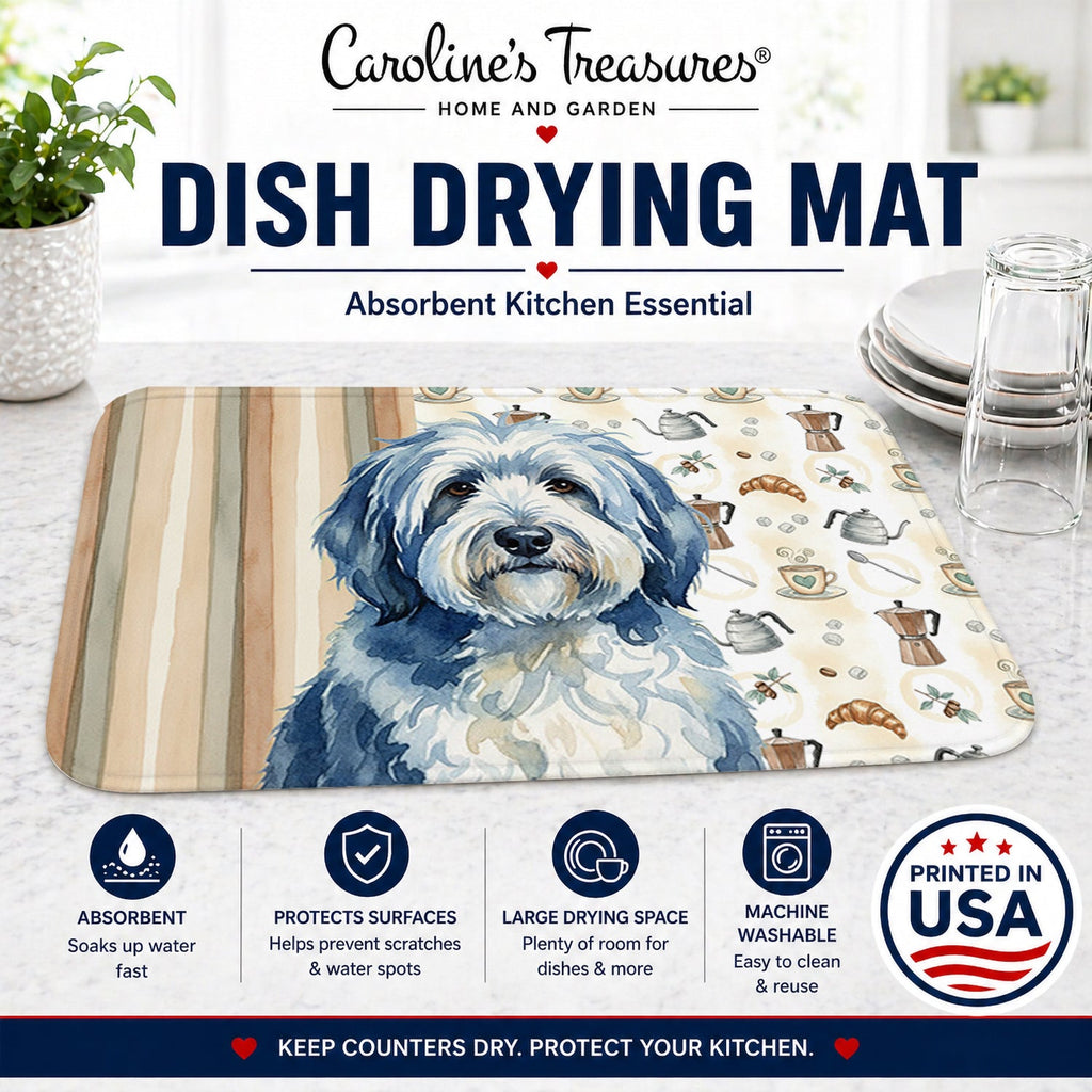 Blue and White Old English Sheepdog Coffee Bar Dish Drying Mat Absorbent Dish Drying Mat Pad for Kitchen Counter Dish Drainer Mat for Countertop, 14 x 21", Multicolor