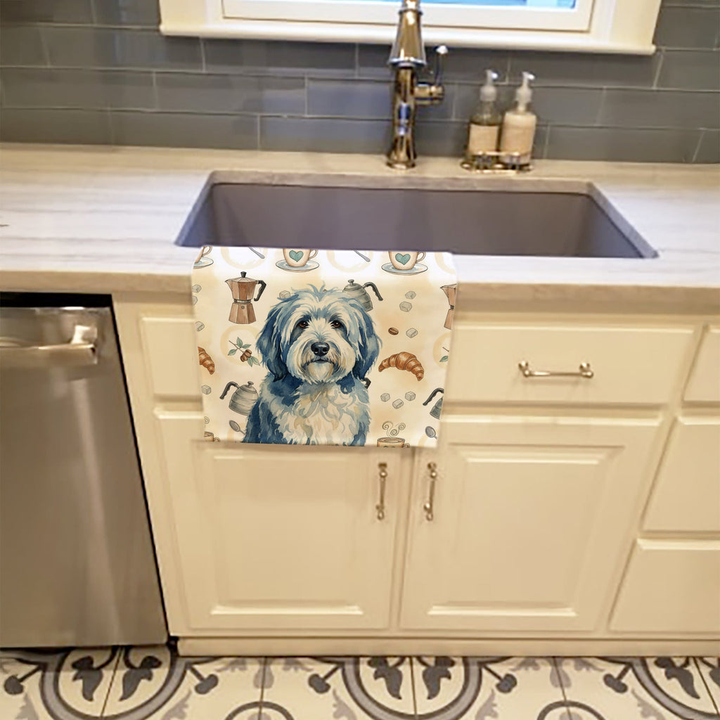 Blue and White Old English Sheepdog Coffee Bar Kitchen Towel Velour Plush Front and Cotton Loop Back Machine Washable
