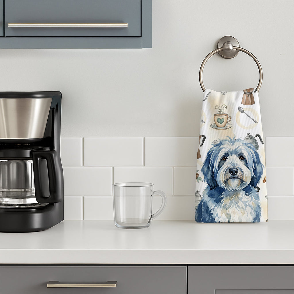 Blue and White Old English Sheepdog Coffee Bar Kitchen Towel Velour Plush Front and Cotton Loop Back Machine Washable