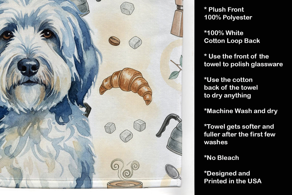 Blue and White Old English Sheepdog Coffee Bar Kitchen Towel Velour Plush Front and Cotton Loop Back Machine Washable