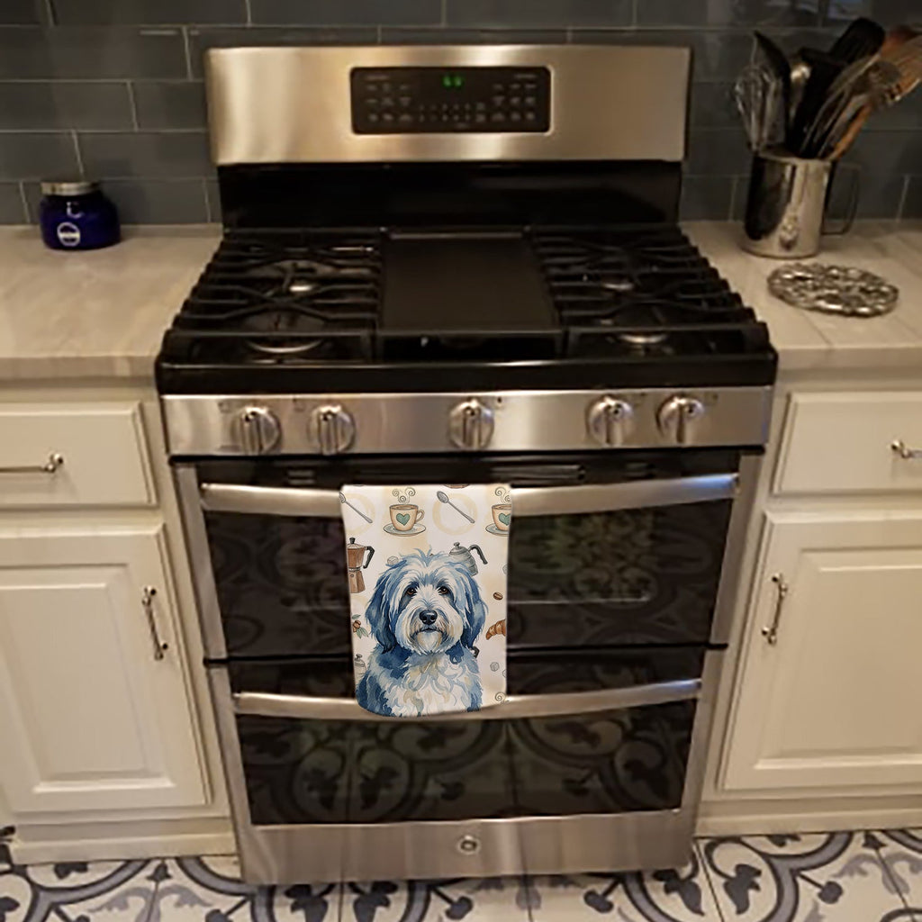 Blue and White Old English Sheepdog Coffee Bar Kitchen Towel Velour Plush Front and Cotton Loop Back Machine Washable