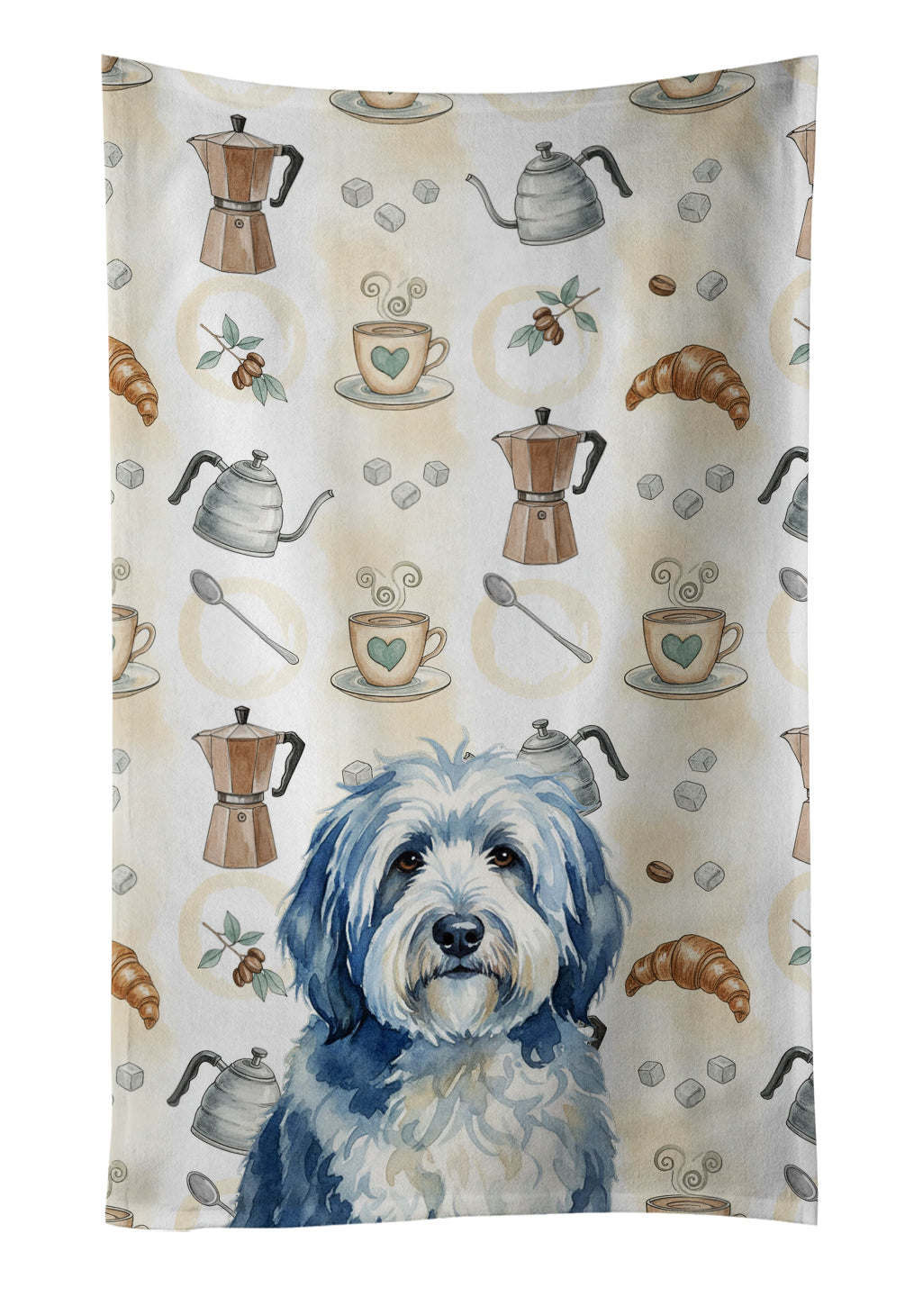 Blue and White Old English Sheepdog Coffee Bar Kitchen Towel Velour Plush Front and Cotton Loop Back Machine Washable