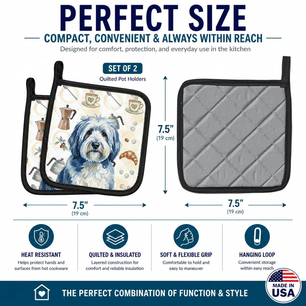 Blue and White Old English Sheepdog Coffee Bar Pot Holder Set of 2 Heat Resistant Quilted Hot Pads 7.5 x 7.5 Inch, Insulated Kitchen Trivets for Cooking & Baking