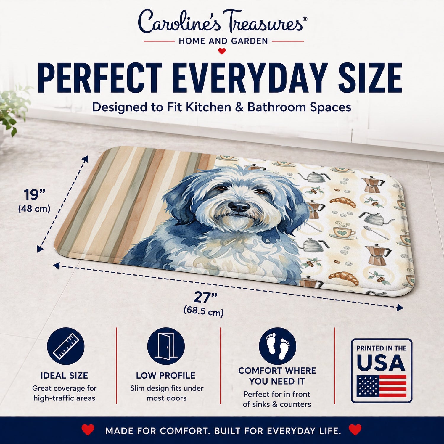 Blue and White Old English Sheepdog Coffee Bar Memory Foam Kitchen Mat Machine Washable Anti-Fatigue Cushion Comfort Bath or Kitchen Rug