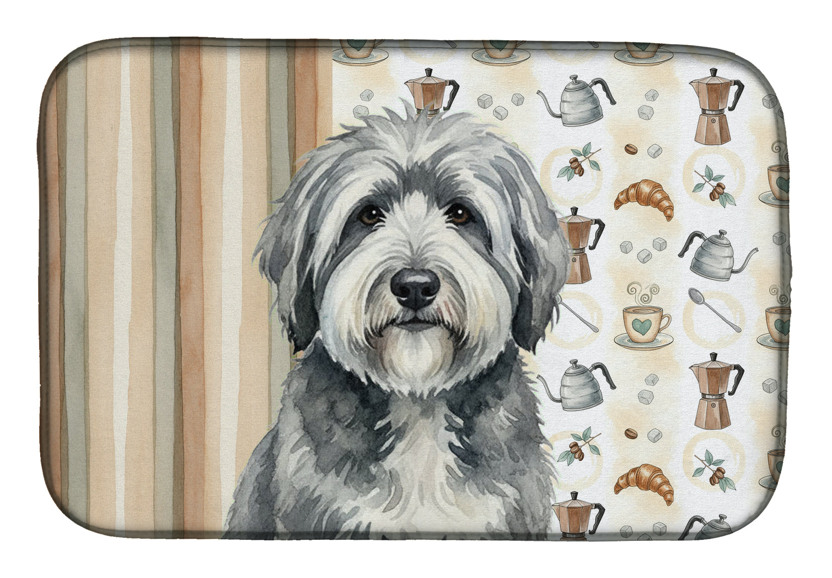 Gray and White Old English Sheepdog Coffee Bar Dish Drying Mat Absorbent Dish Drying Mat Pad for Kitchen Counter Dish Drainer Mat for Countertop, 14 x 21", Multicolor