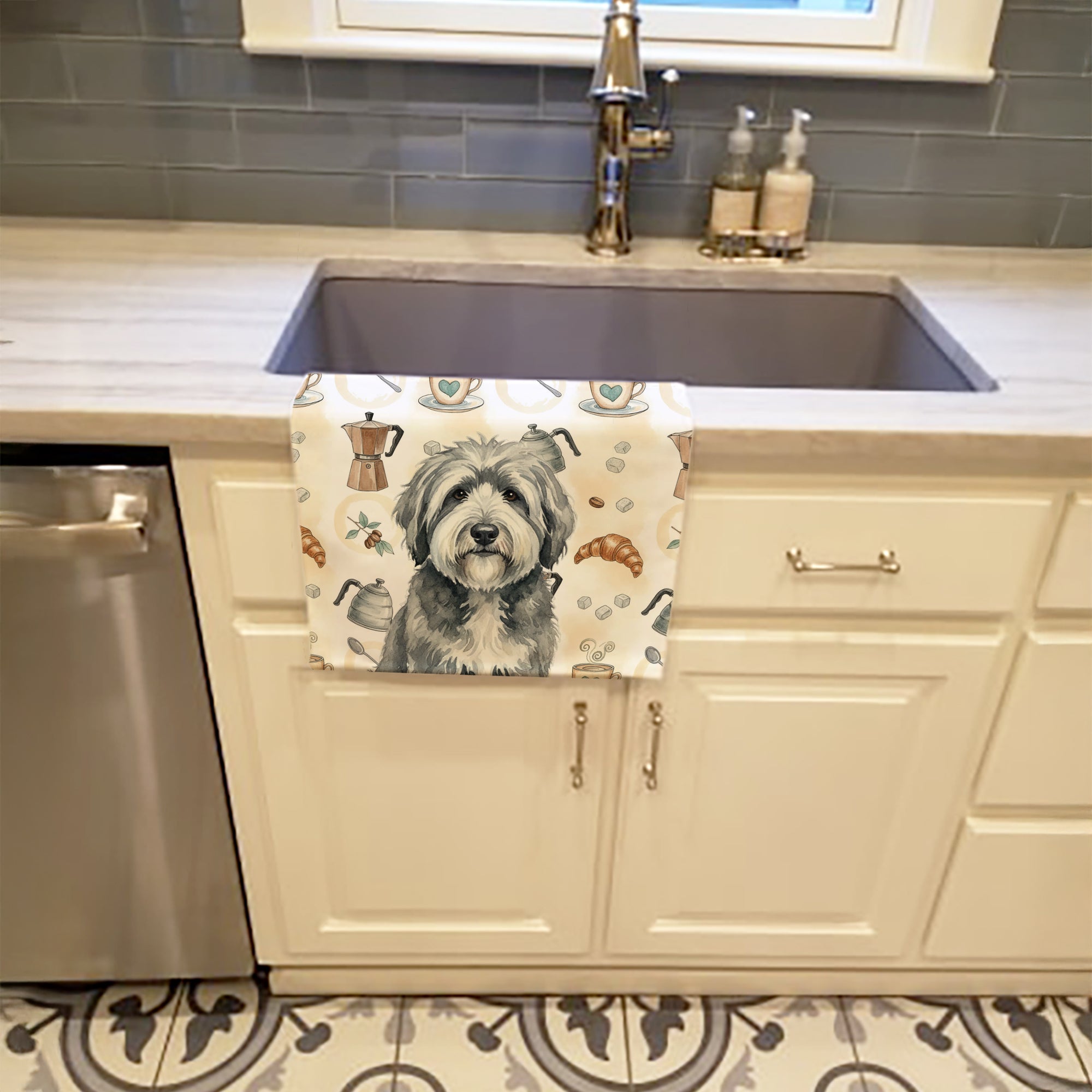 Gray and White Old English Sheepdog Coffee Bar Kitchen Towel Velour Plush Front and Cotton Loop Back Machine Washable