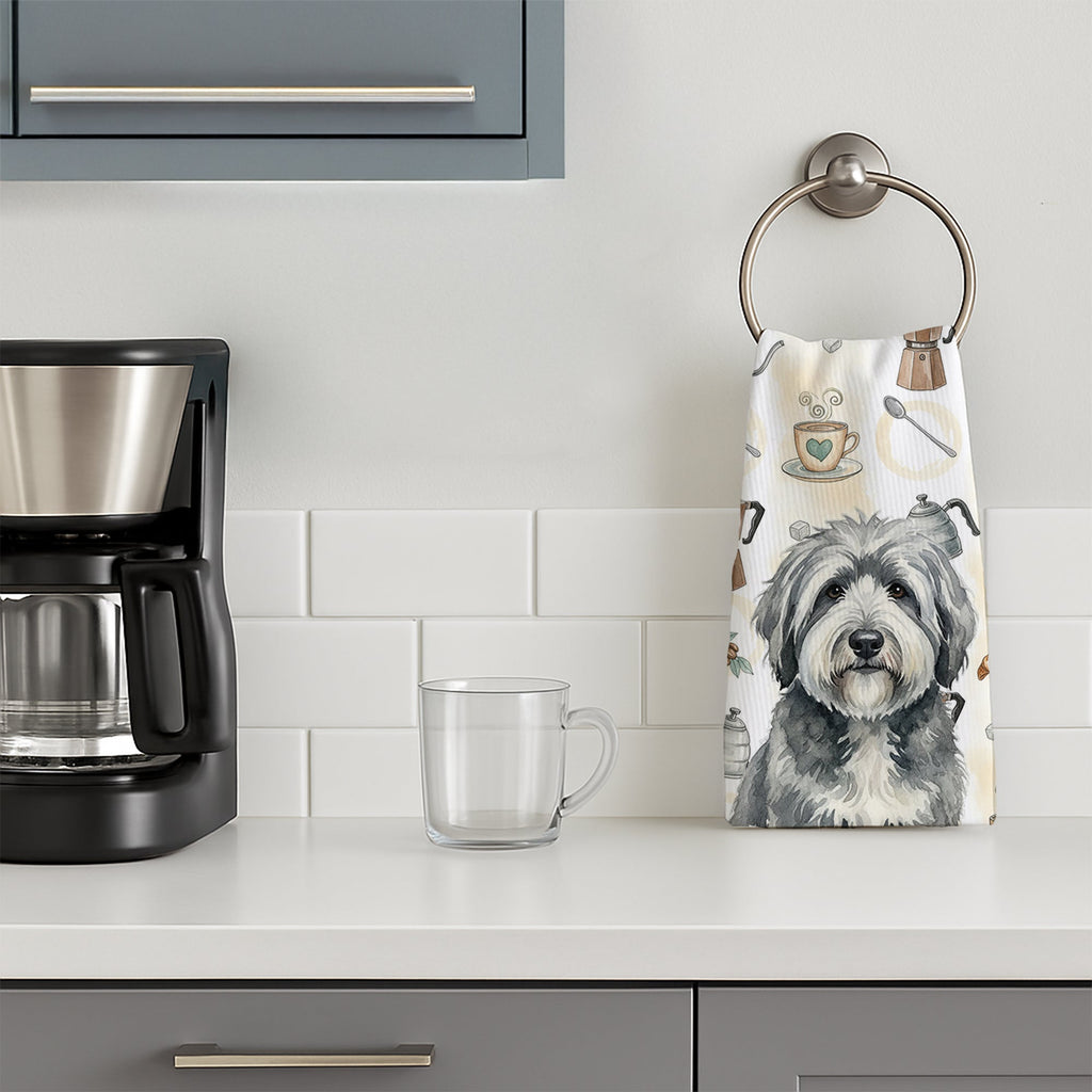Gray and White Old English Sheepdog Coffee Bar Kitchen Towel Velour Plush Front and Cotton Loop Back Machine Washable