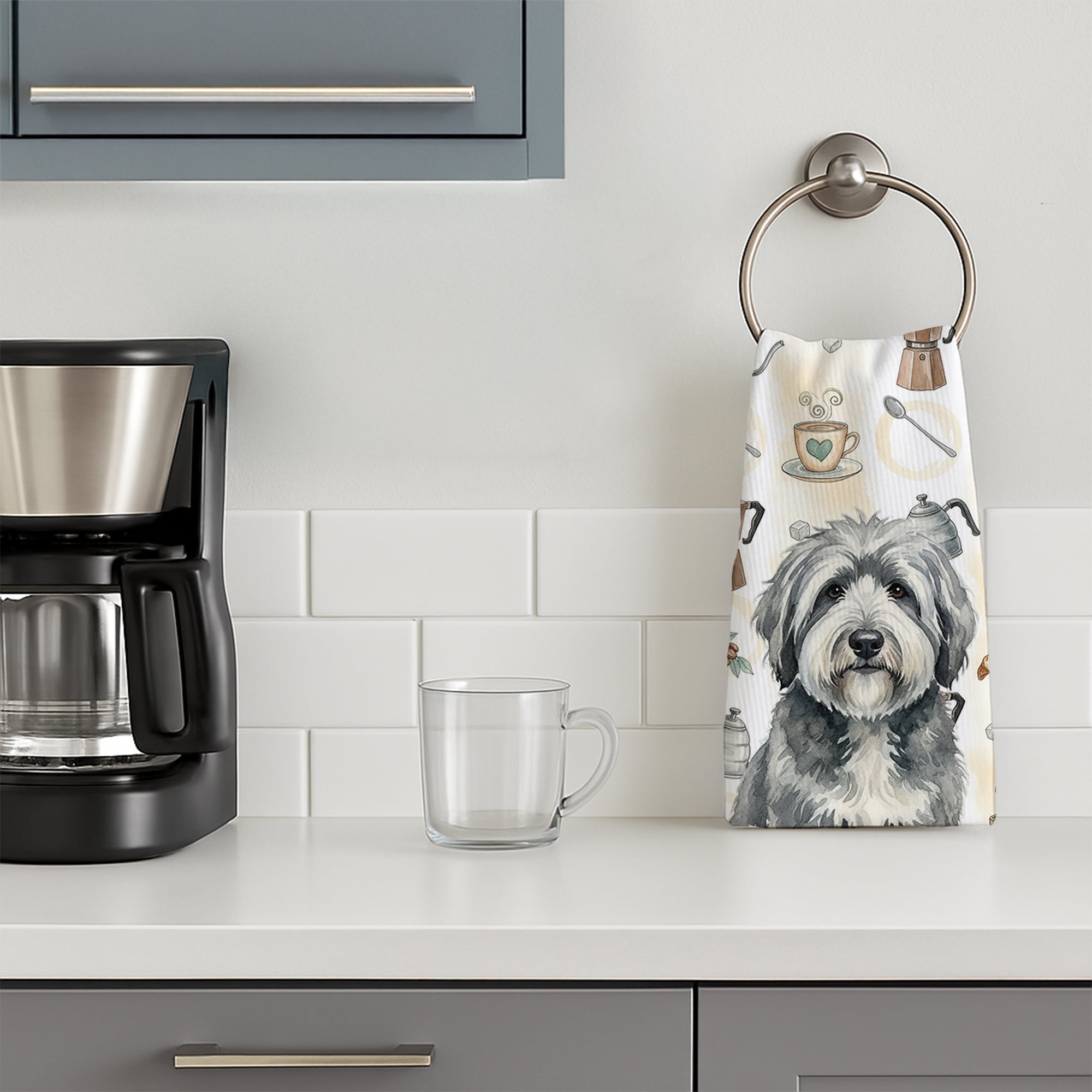 Gray and White Old English Sheepdog Coffee Bar Kitchen Towel Velour Plush Front and Cotton Loop Back Machine Washable