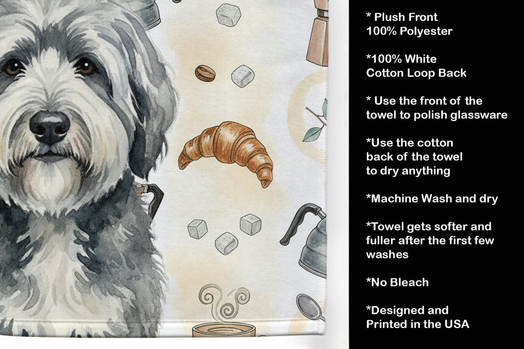 Gray and White Old English Sheepdog Coffee Bar Kitchen Towel Velour Plush Front and Cotton Loop Back Machine Washable