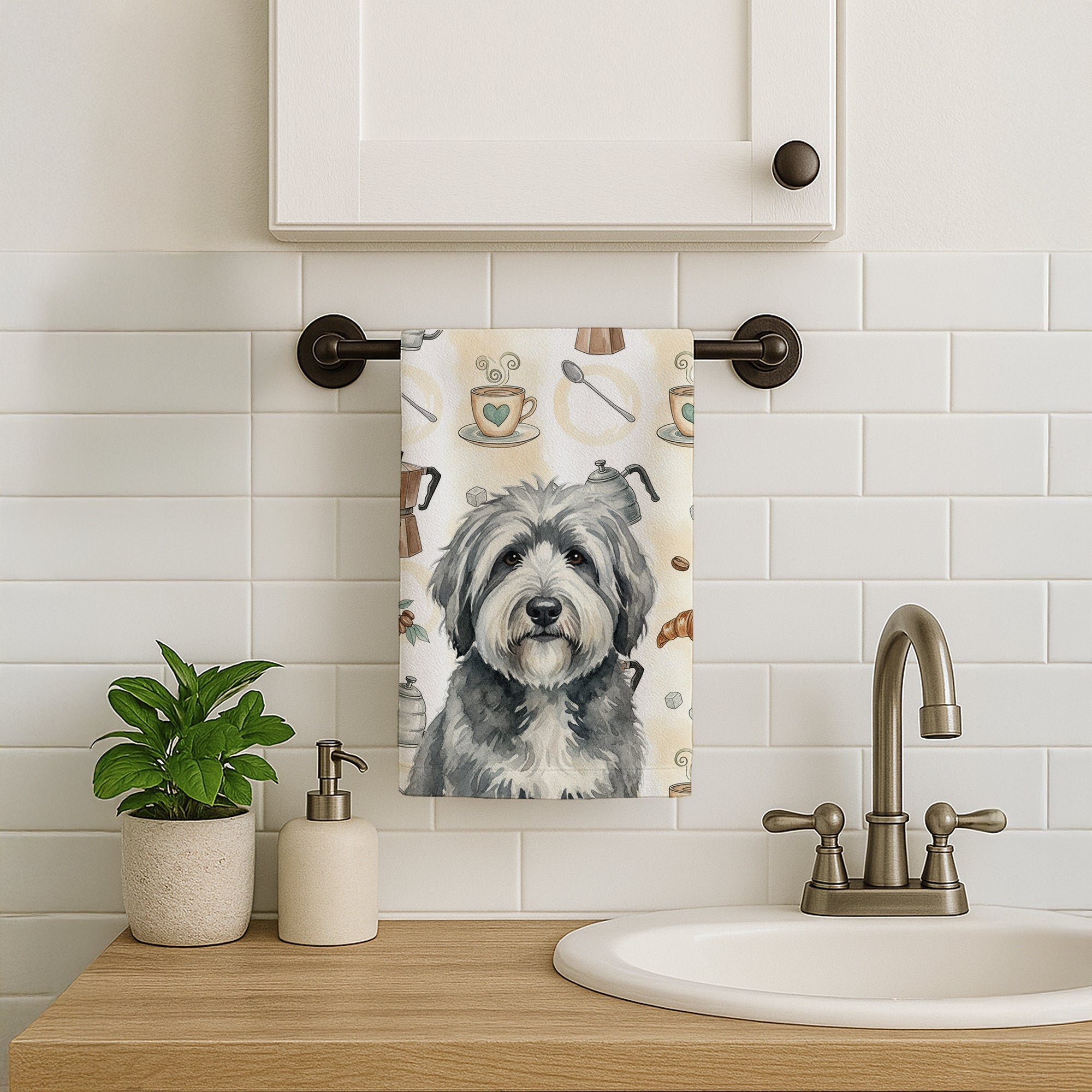 Gray and White Old English Sheepdog Coffee Bar Kitchen Towel Velour Plush Front and Cotton Loop Back Machine Washable