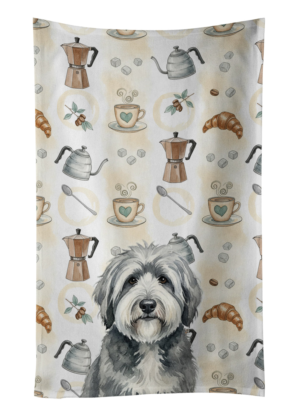Gray and White Old English Sheepdog Coffee Bar Kitchen Towel Velour Plush Front and Cotton Loop Back Machine Washable