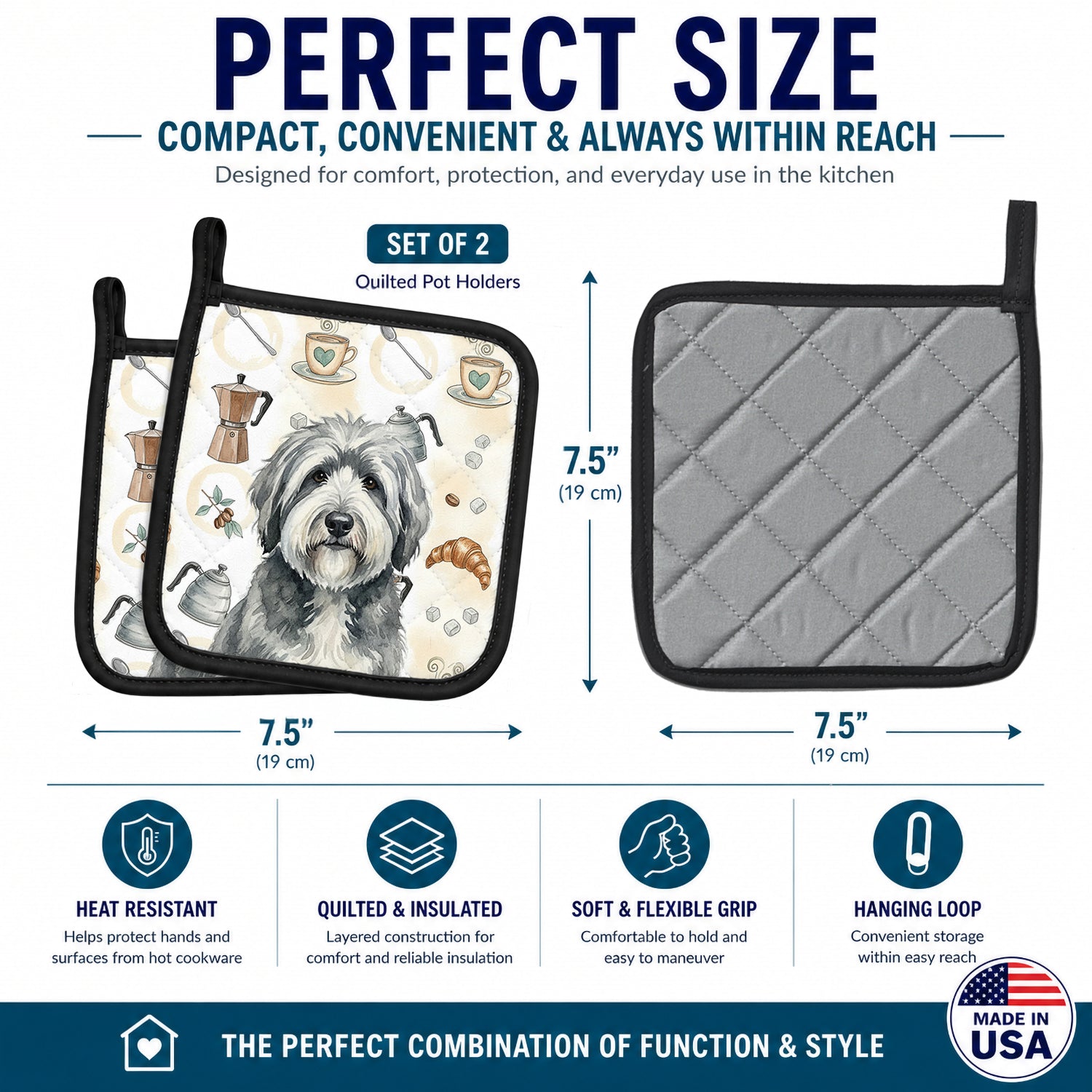 Gray and White Old English Sheepdog Coffee Bar Pot Holder Set of 2 Heat Resistant Quilted Hot Pads 7.5 x 7.5 Inch, Insulated Kitchen Trivets for Cooking & Baking