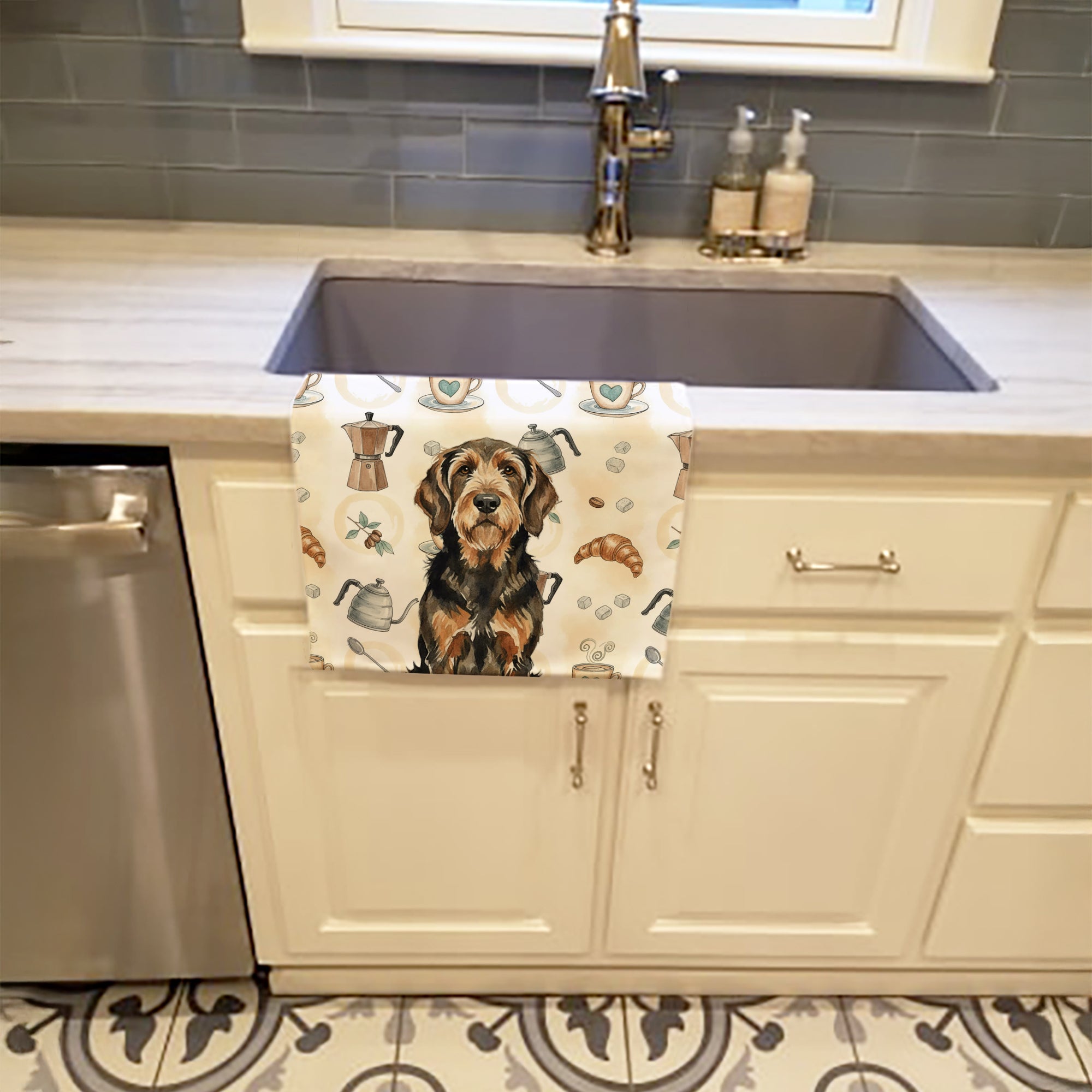 Black and Tan Otterhound Coffee Bar Kitchen Towel Velour Plush Front and Cotton Loop Back Machine Washable