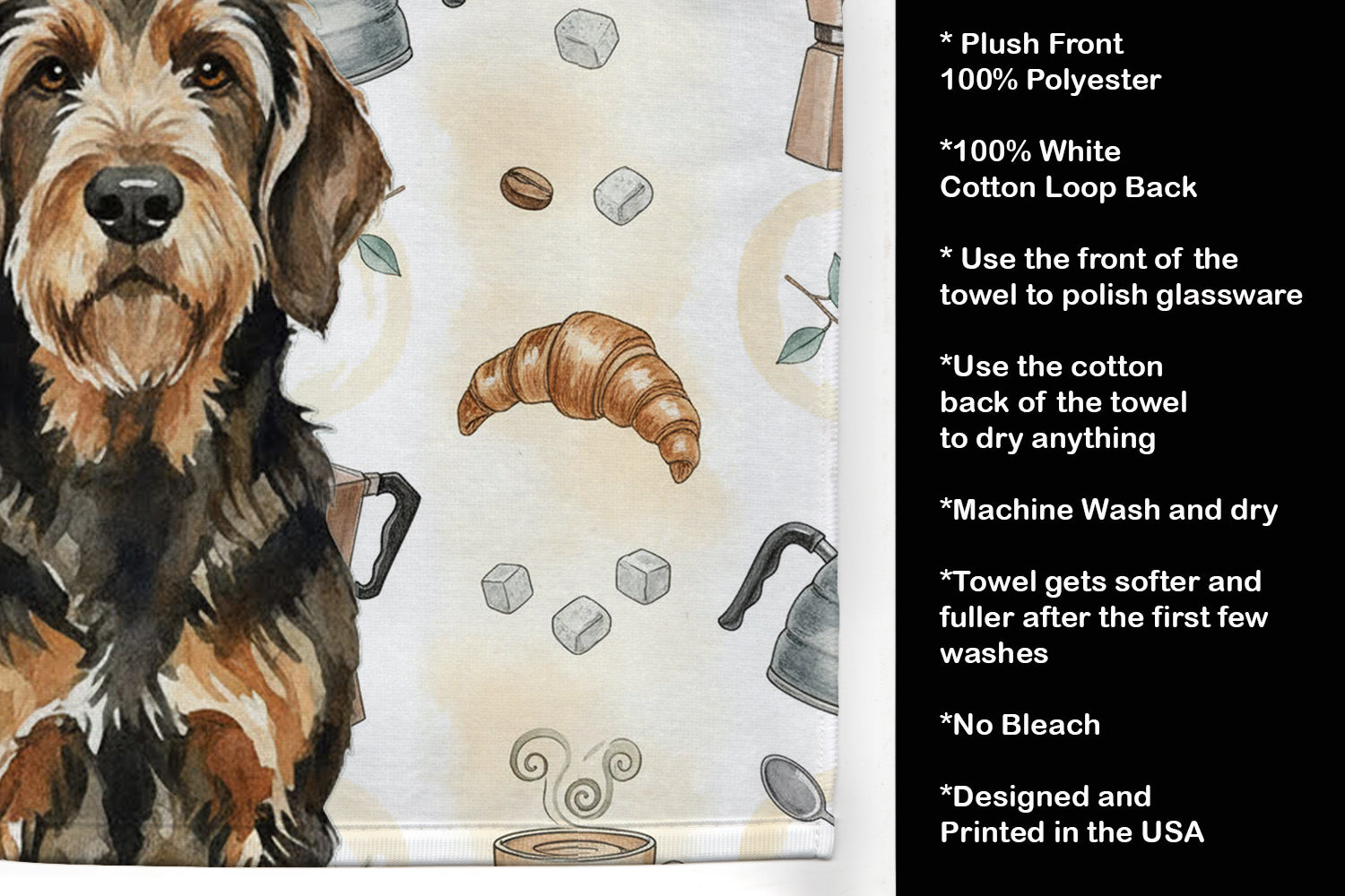 Black and Tan Otterhound Coffee Bar Kitchen Towel Velour Plush Front and Cotton Loop Back Machine Washable