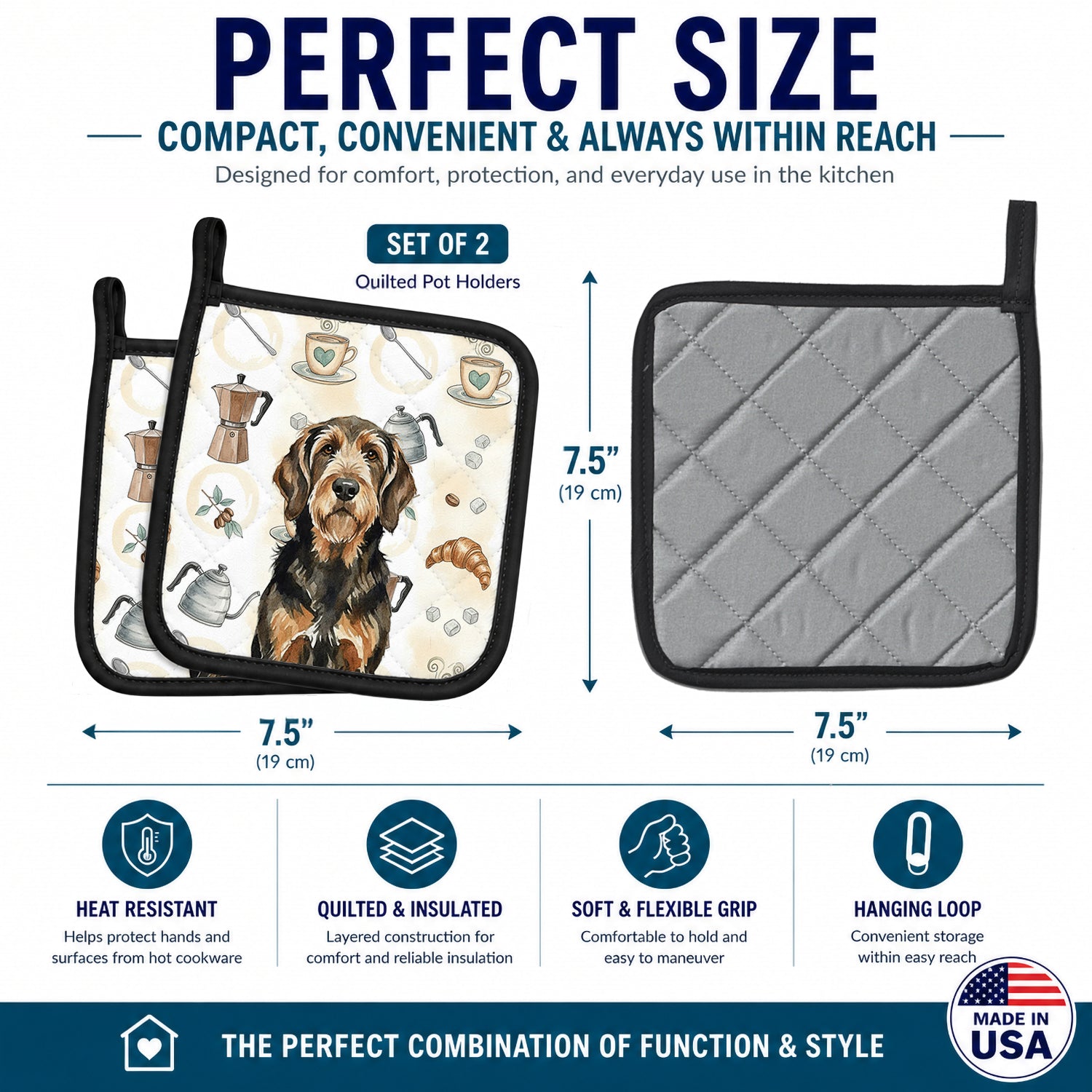 Black and Tan Otterhound Coffee Bar Pot Holder Set of 2 Heat Resistant Quilted Hot Pads 7.5 x 7.5 Inch, Insulated Kitchen Trivets for Cooking & Baking