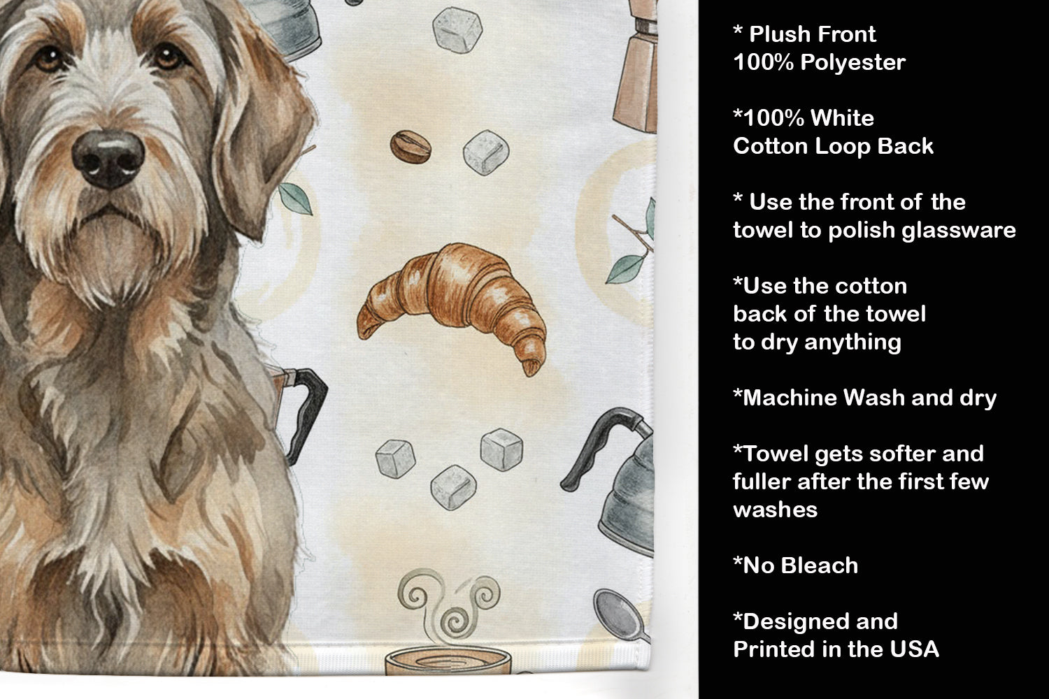 Grizzle and Tan Otterhound Coffee Bar Kitchen Towel Velour Plush Front and Cotton Loop Back Machine Washable