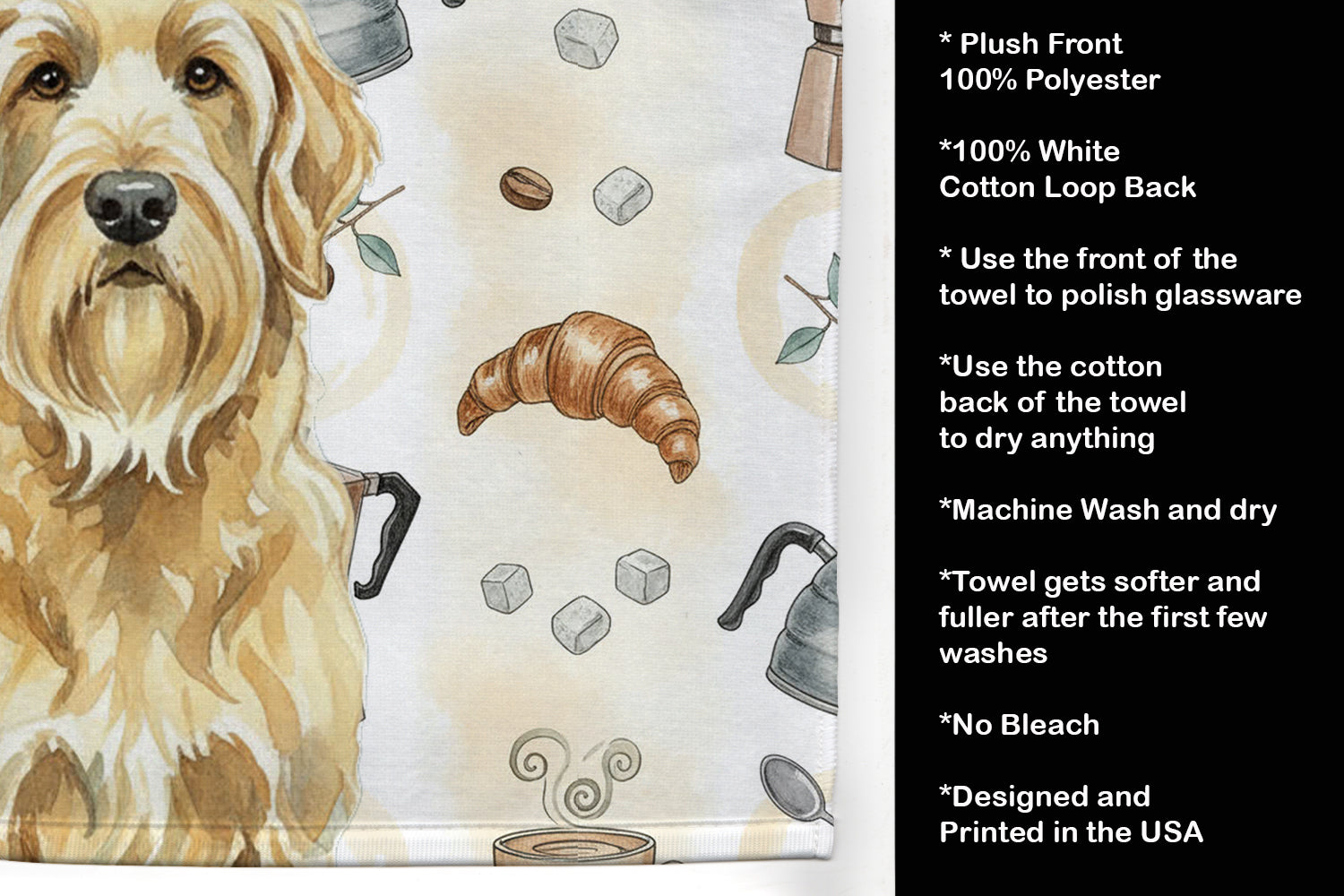 Wheaten and Tan Otterhound Coffee Bar Kitchen Towel Velour Plush Front and Cotton Loop Back Machine Washable