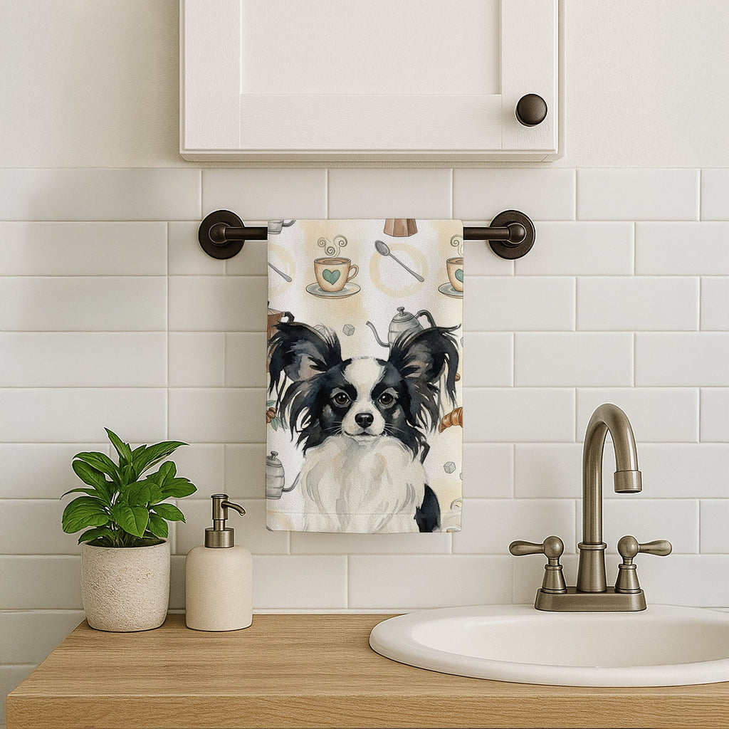 Black and White Papillon Coffee Bar Kitchen Towel Velour Plush Front and Cotton Loop Back Machine Washable