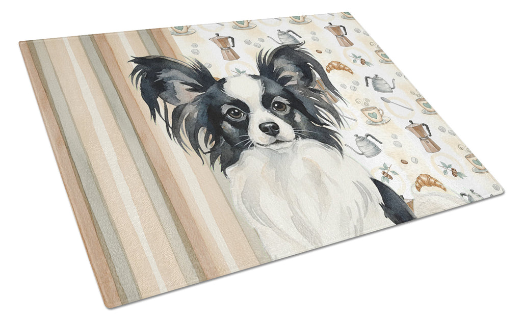 Black and White Papillon Coffee Bar Cutting Board Tempered Glass Kitchen Cutting Surface, Heat Resistant Chopping, Non-Slip Feet, Food Prep & Serving