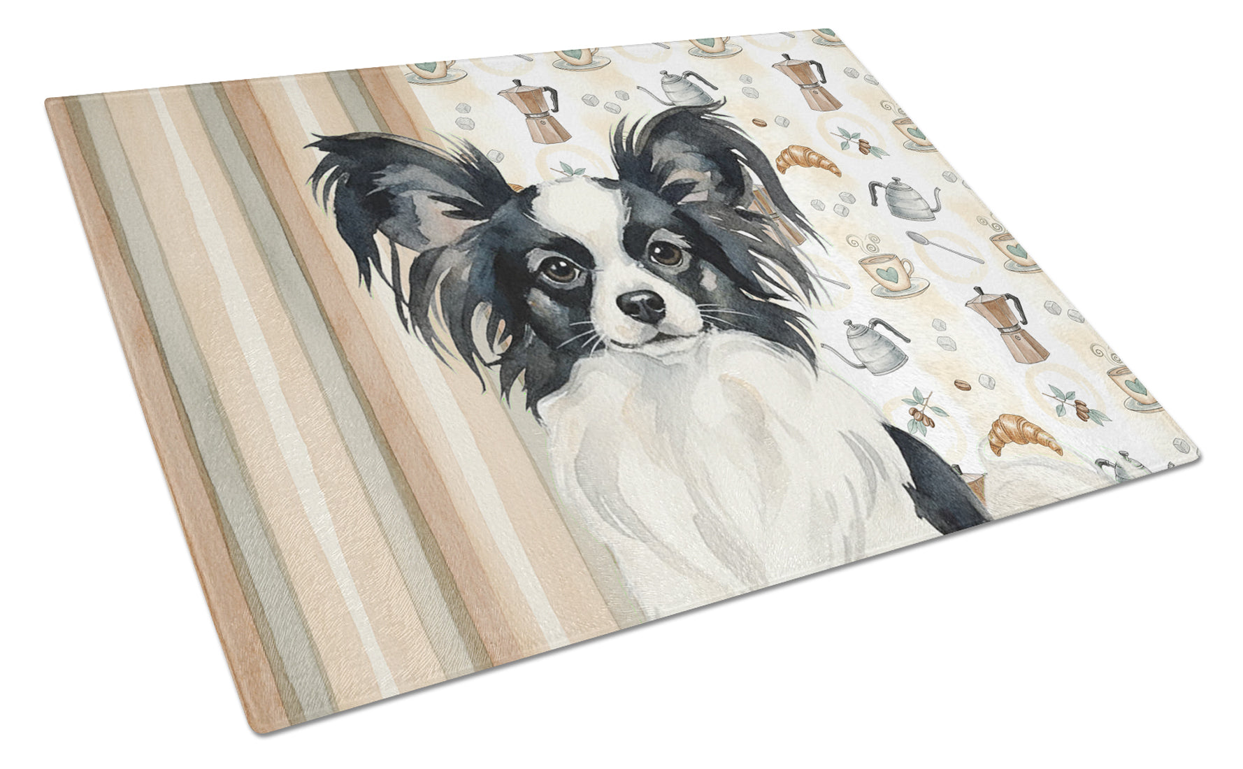 Black and White Papillon Coffee Bar Cutting Board Tempered Glass Kitchen Cutting Surface, Heat Resistant Chopping, Non-Slip Feet, Food Prep & Serving