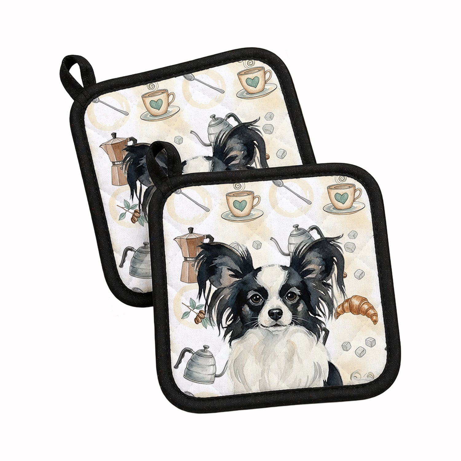Black and White Papillon Coffee Bar Pot Holder Set of 2 Heat Resistant Quilted Hot Pads 7.5 x 7.5 Inch, Insulated Kitchen Trivets for Cooking & Baking