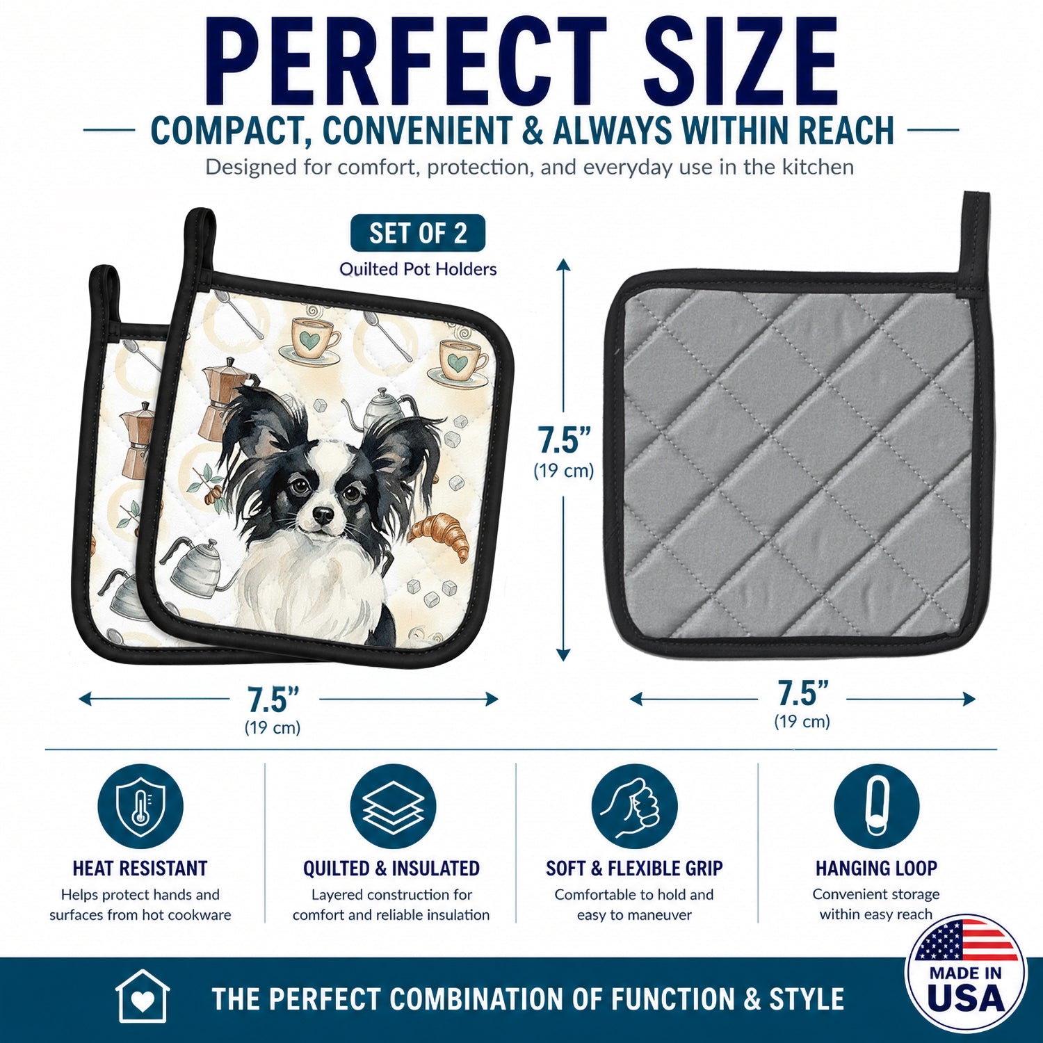 Black and White Papillon Coffee Bar Pot Holder Set of 2 Heat Resistant Quilted Hot Pads 7.5 x 7.5 Inch, Insulated Kitchen Trivets for Cooking & Baking