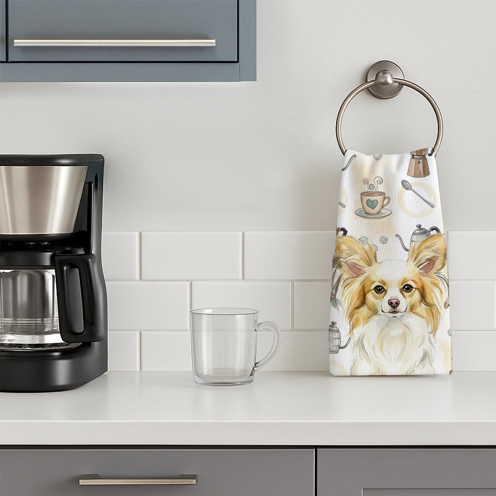 Lemon and White Papillon Coffee Bar Kitchen Towel Velour Plush Front and Cotton Loop Back Machine Washable