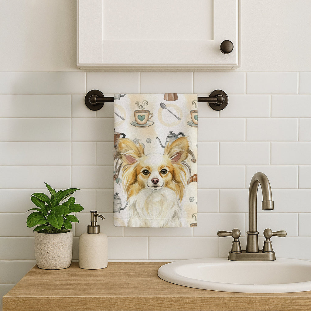 Lemon and White Papillon Coffee Bar Kitchen Towel Velour Plush Front and Cotton Loop Back Machine Washable