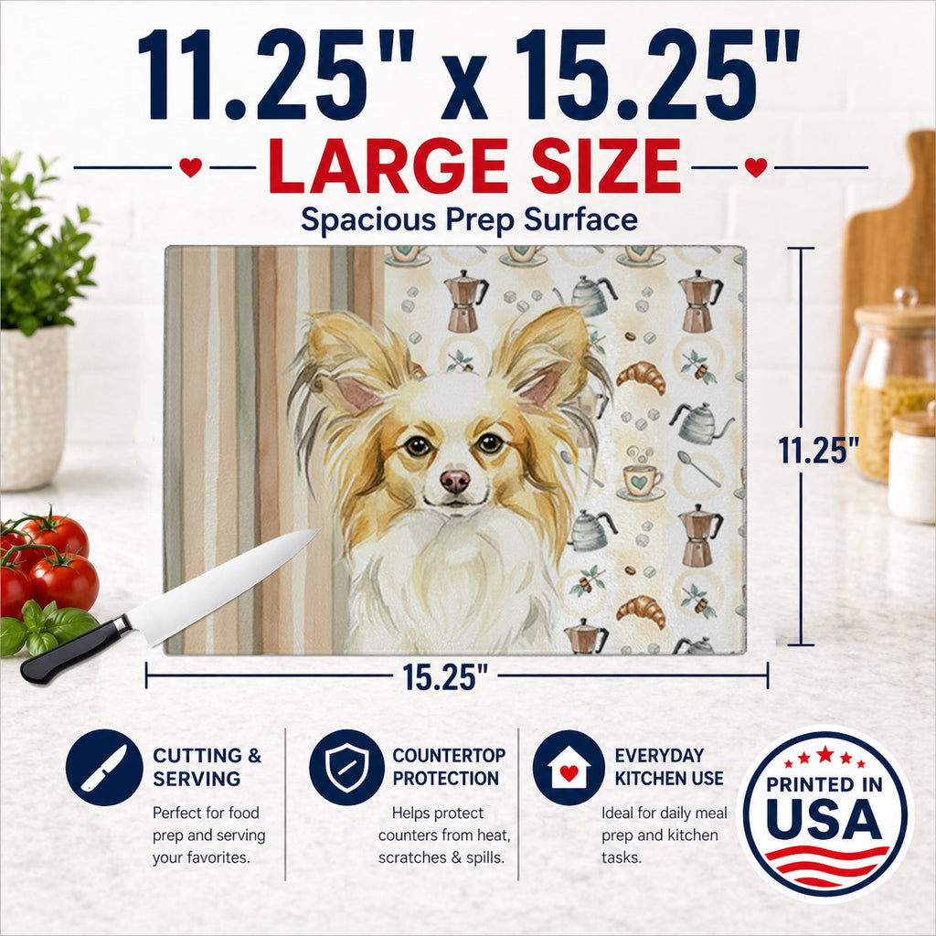 Lemon and White Papillon Coffee Bar Cutting Board Tempered Glass Kitchen Cutting Surface, Heat Resistant Chopping, Non-Slip Feet, Food Prep & Serving