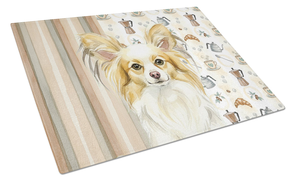 Lemon and White Papillon Coffee Bar Cutting Board Tempered Glass Kitchen Cutting Surface, Heat Resistant Chopping, Non-Slip Feet, Food Prep & Serving