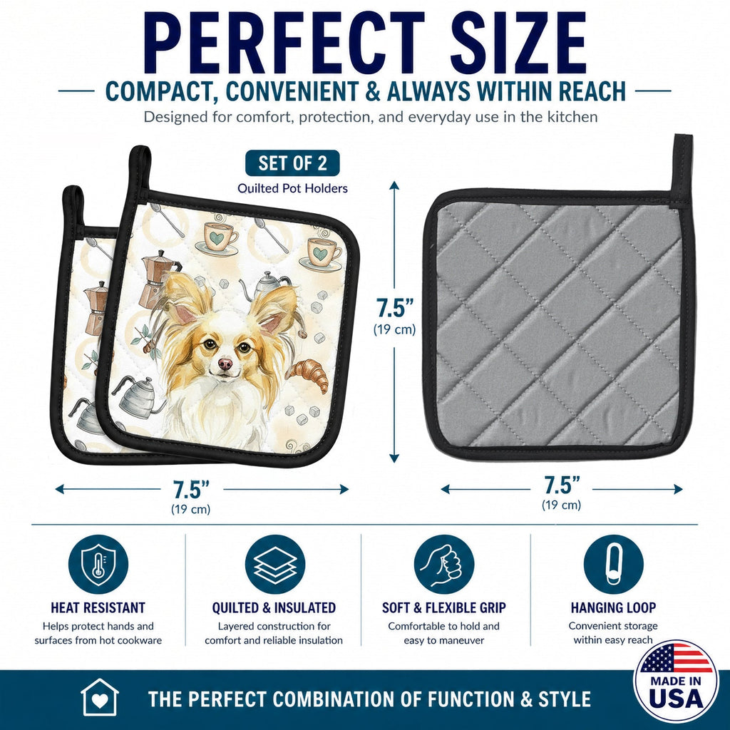 Lemon and White Papillon Coffee Bar Pot Holder Set of 2 Heat Resistant Quilted Hot Pads 7.5 x 7.5 Inch, Insulated Kitchen Trivets for Cooking & Baking