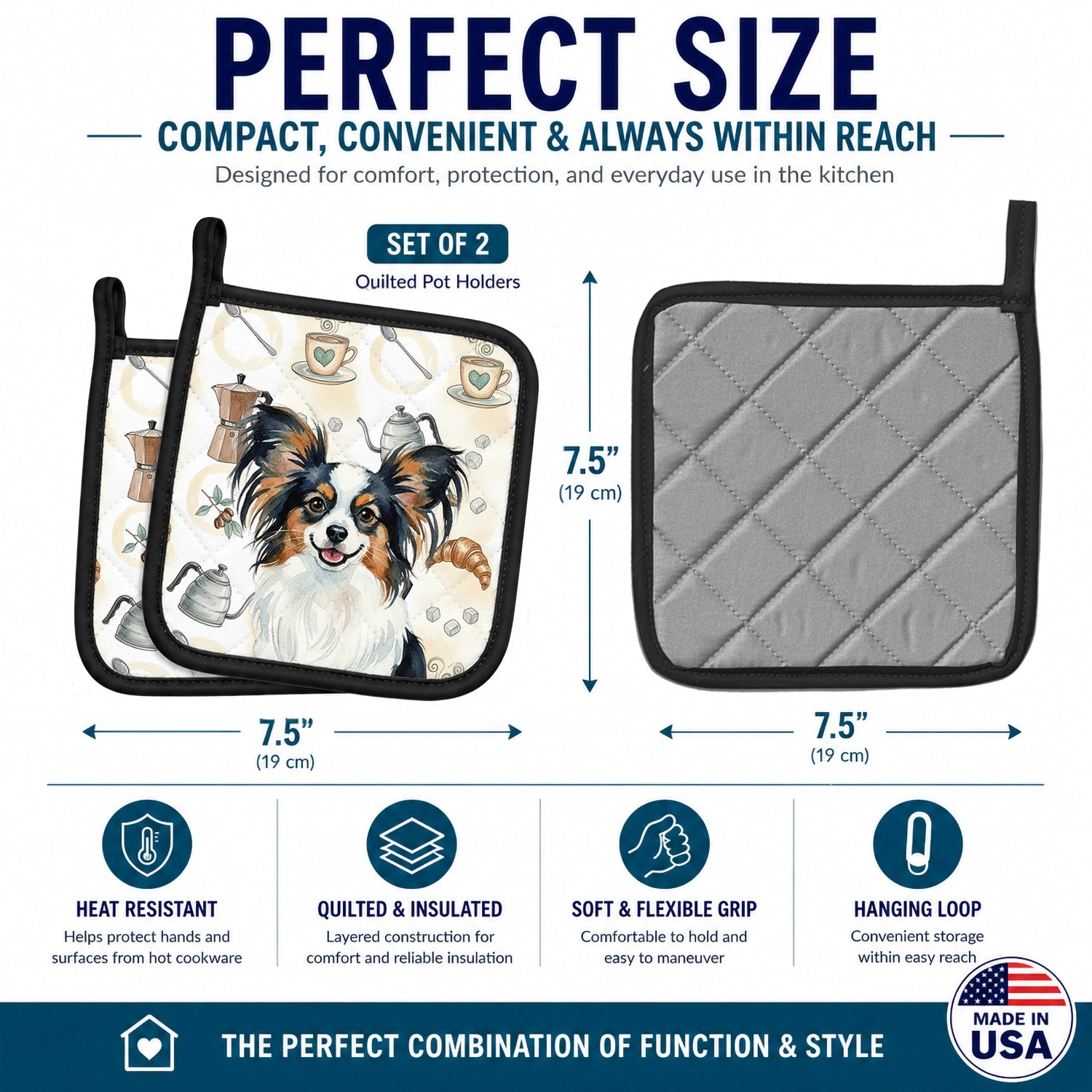 Tricoilor Papillon Coffee Bar Pot Holder Set of 2 Heat Resistant Quilted Hot Pads 7.5 x 7.5 Inch, Insulated Kitchen Trivets for Cooking & Baking
