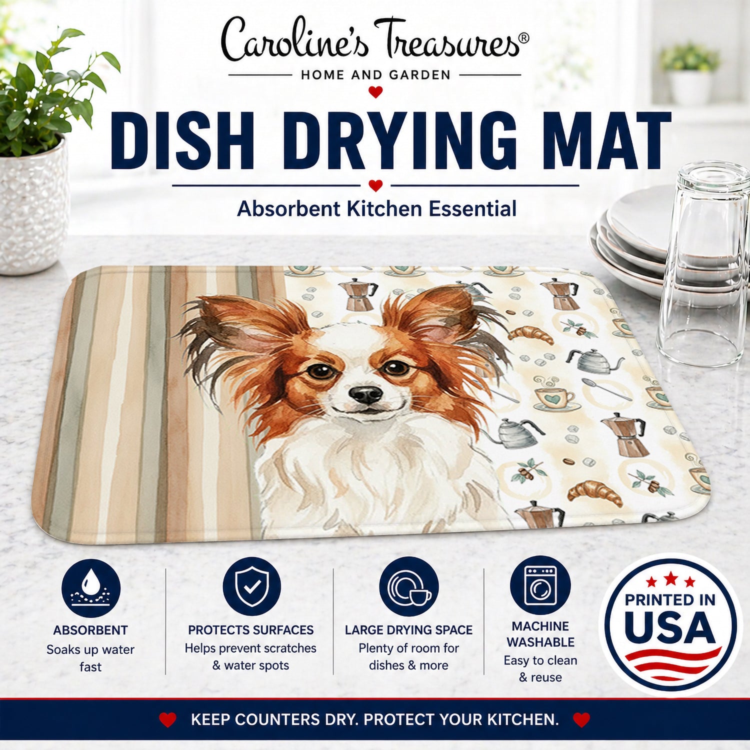 White with Red Papillon Coffee Bar Dish Drying Mat Absorbent Dish Drying Mat Pad for Kitchen Counter Dish Drainer Mat for Countertop, 14 x 21", Multicolor