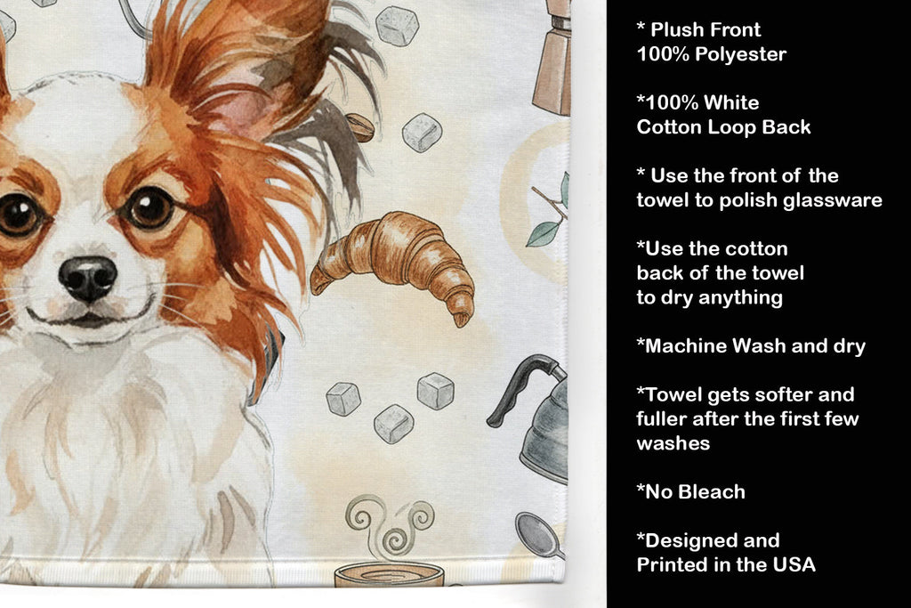 White with Red Papillon Coffee Bar Kitchen Towel Velour Plush Front and Cotton Loop Back Machine Washable